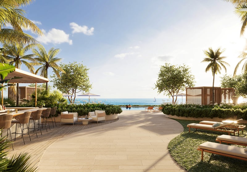 Waldorf Astoria Residences Pompano Beach tropical poolside with cabanas, palms and ocean breezes, resort deck for luxury and ultra luxury condos; preconstruction. Featuring retreat.