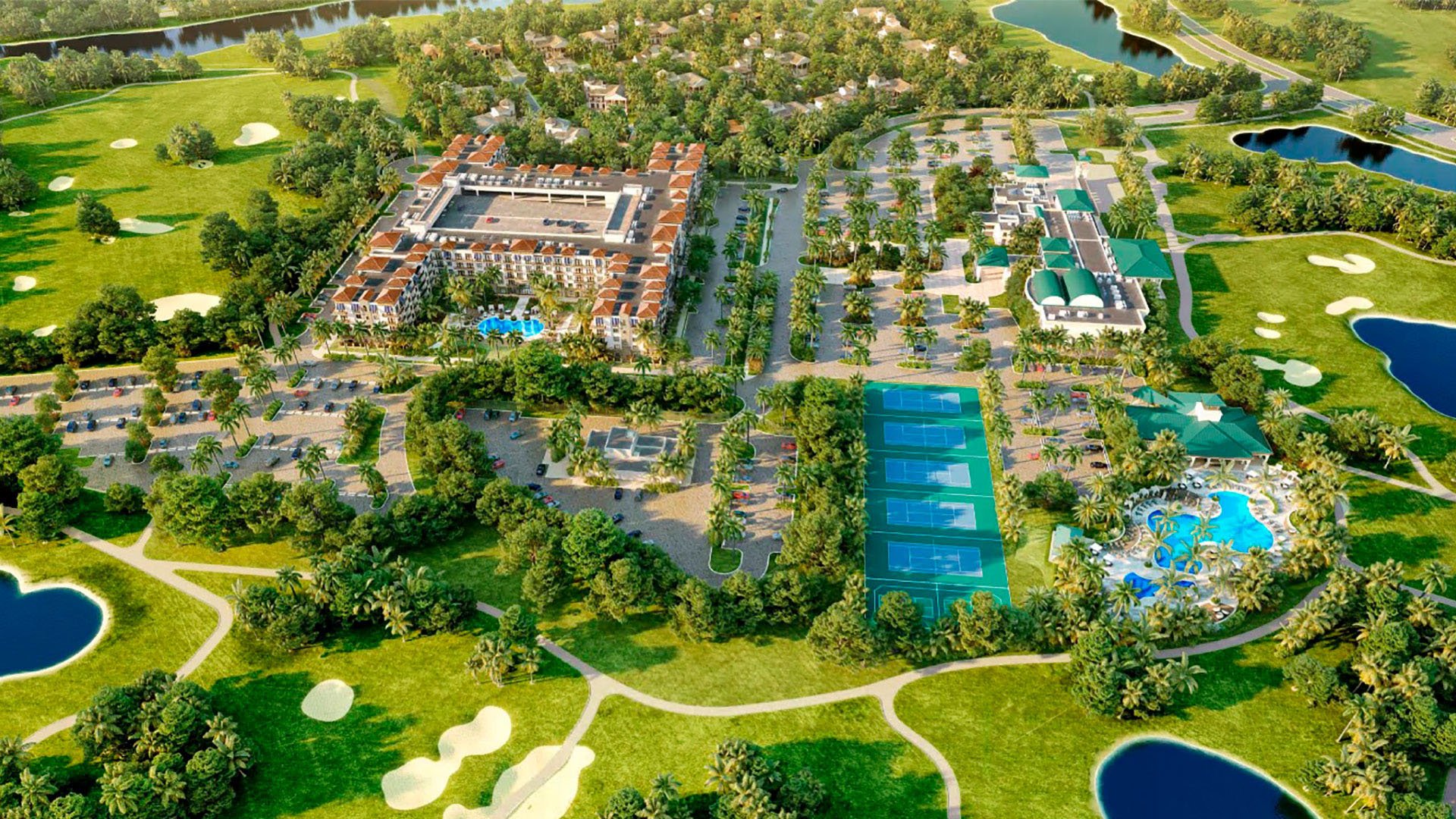 Aerial view of ultra luxury condos in Weston, FL featuring resort pools, tennis courts, tropical landscaping and golf course surroundings.