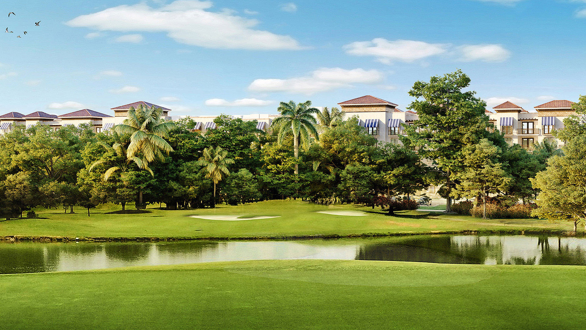 Lakefront golf course view of ultra luxury condos in Weston, FL framed by palms, lush fairways and elegant Mediterranean-style architecture.
