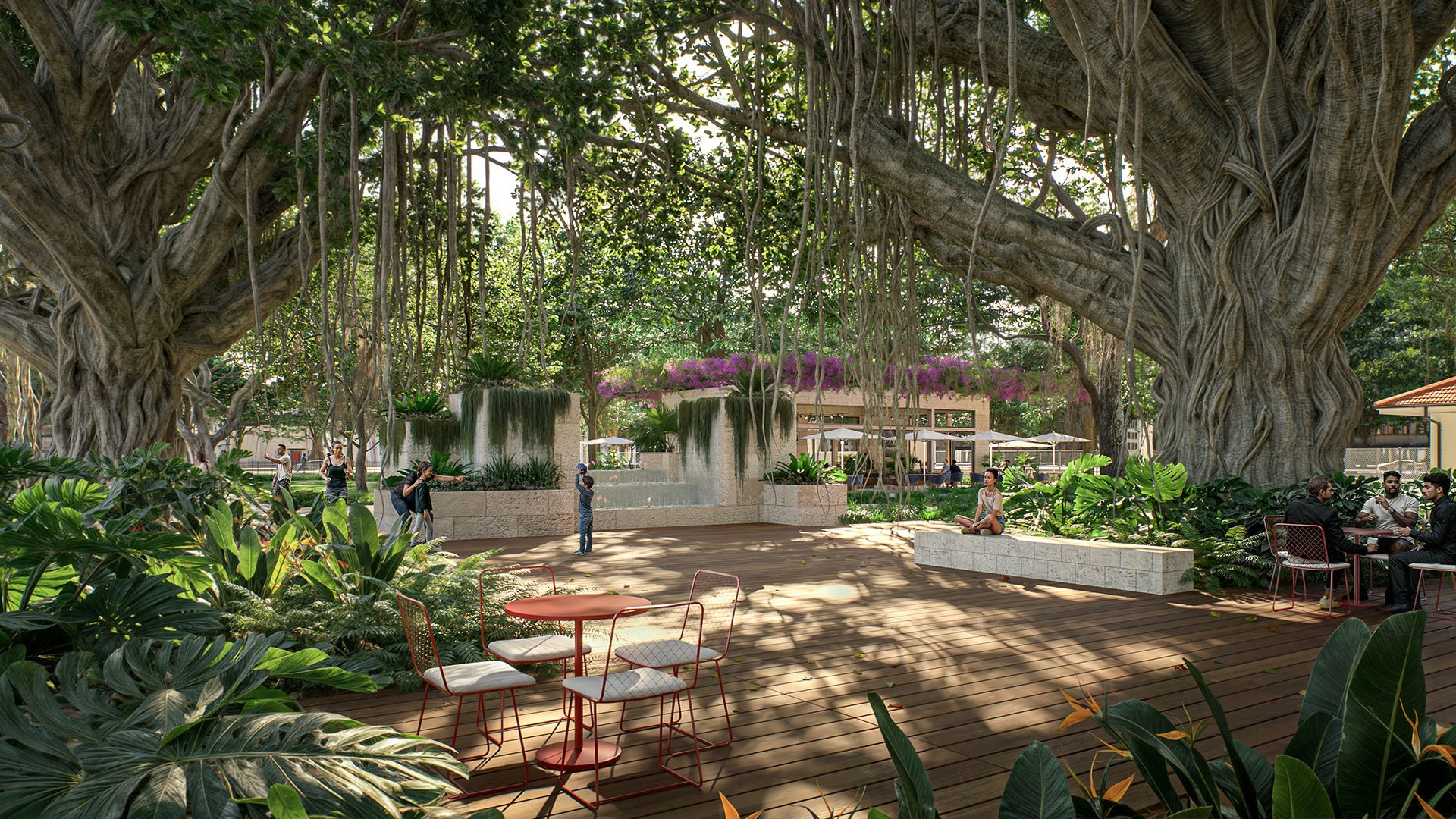 Banyan-tree courtyard plaza at Ziggurat Coconut Grove, Miami, Florida, with outdoor cafe seating and tropical landscaping, highlighting luxury lifestyle and ultra luxury preconstruction condos in the Grove.