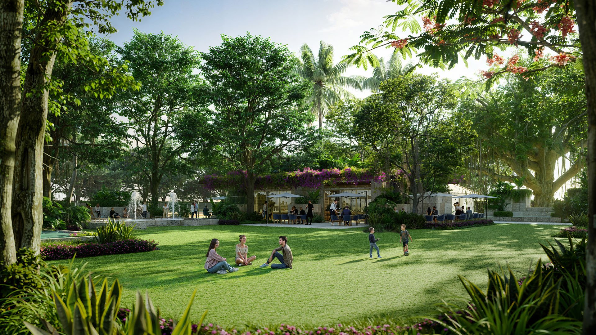 Community lawn and cafe pavilion at Ziggurat Coconut Grove, Miami, Florida, where families gather under shade trees, illustrating luxury amenities and ultra luxury preconstruction condos with park-style green space.