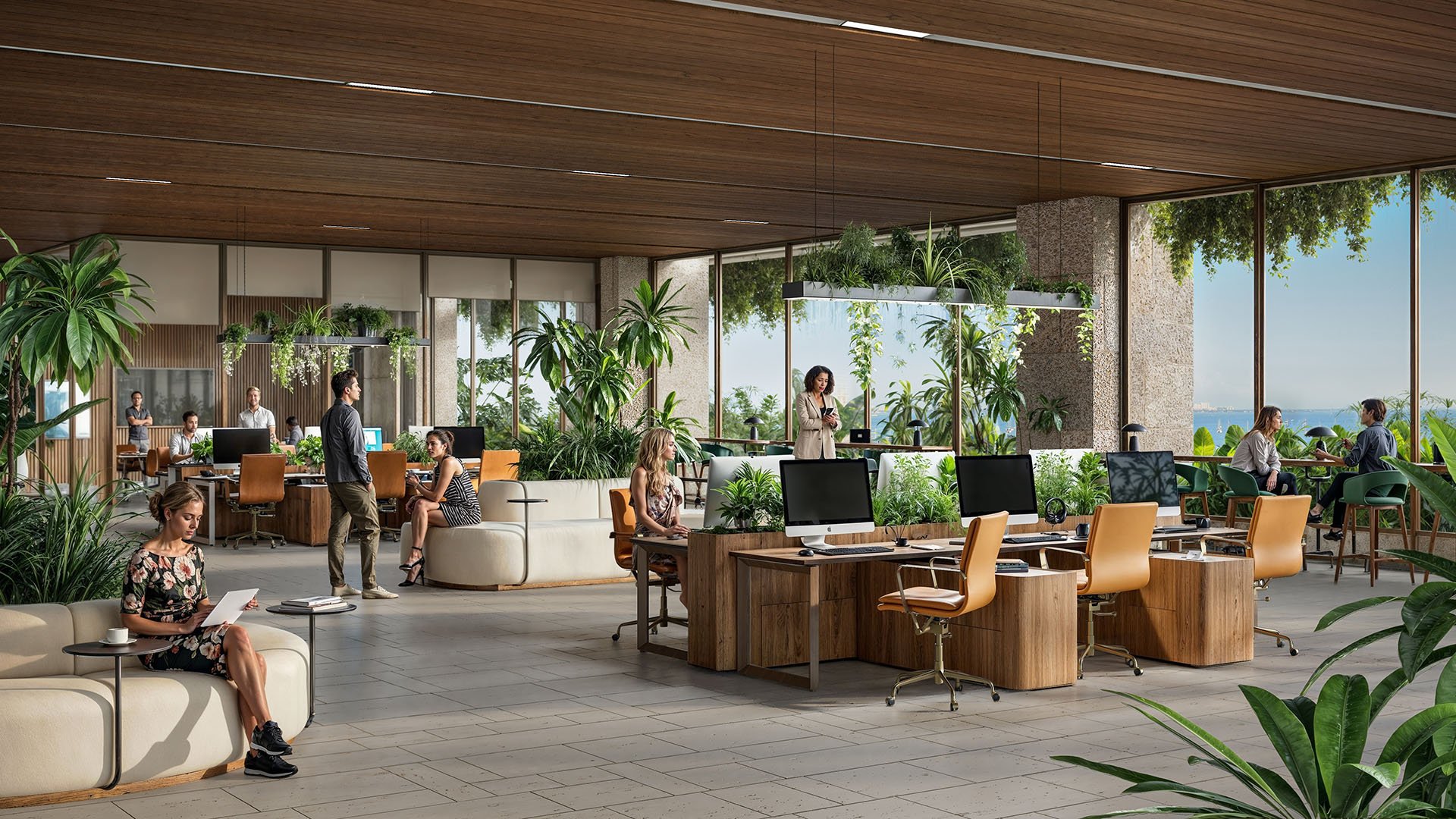 Biophilic open-plan office workspace at Ziggurat Coconut Grove, Miami, Florida, with floor-to-ceiling windows and ocean view, complementing luxury services and ultra luxury preconstruction condos in a mixed-use destination.