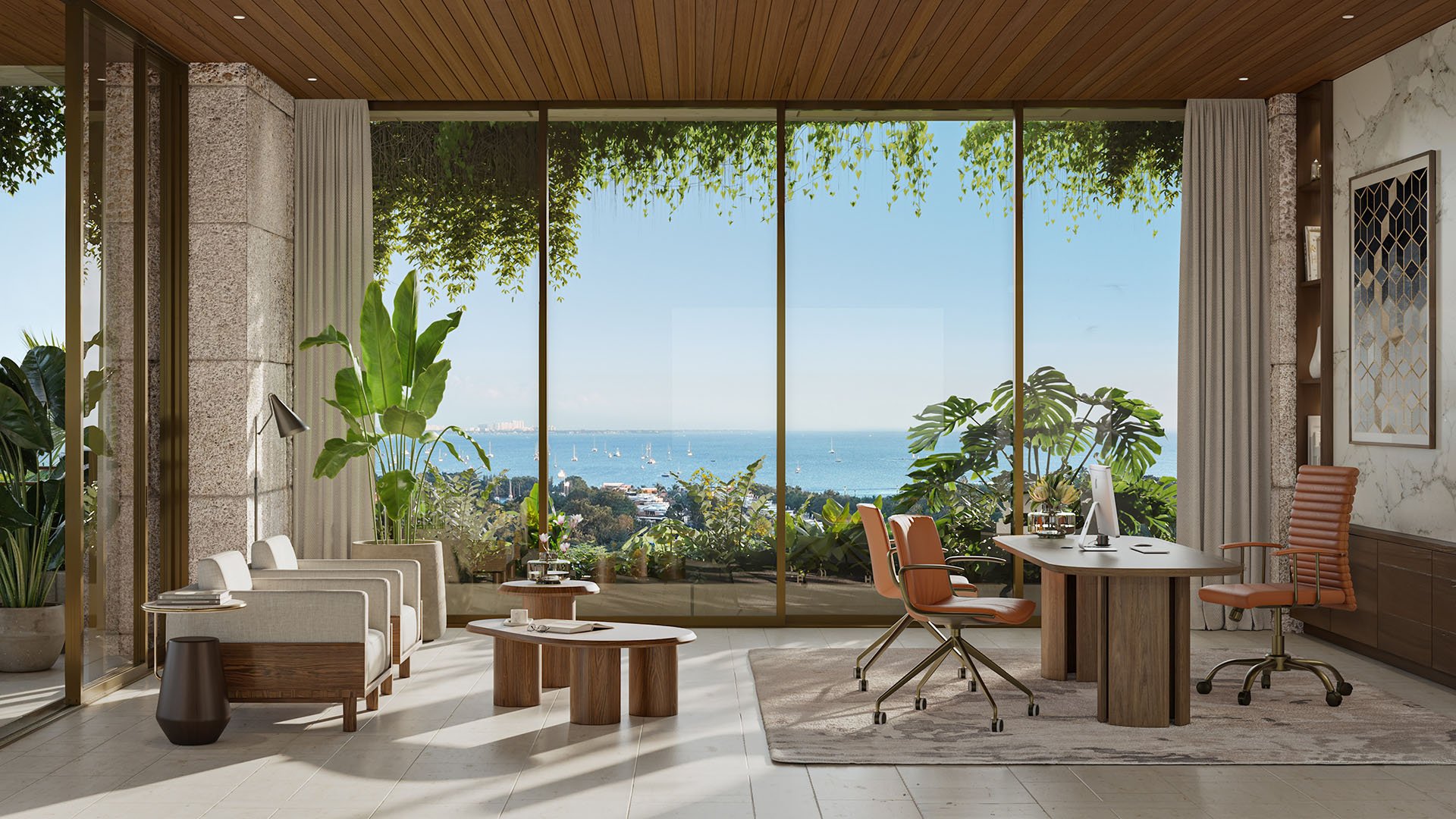 Executive office suite at Ziggurat Coconut Grove, Miami, Florida, with floor-to-ceiling glass overlooking Biscayne Bay, reflecting luxury finishes and ultra luxury preconstruction condos with private workspace options.