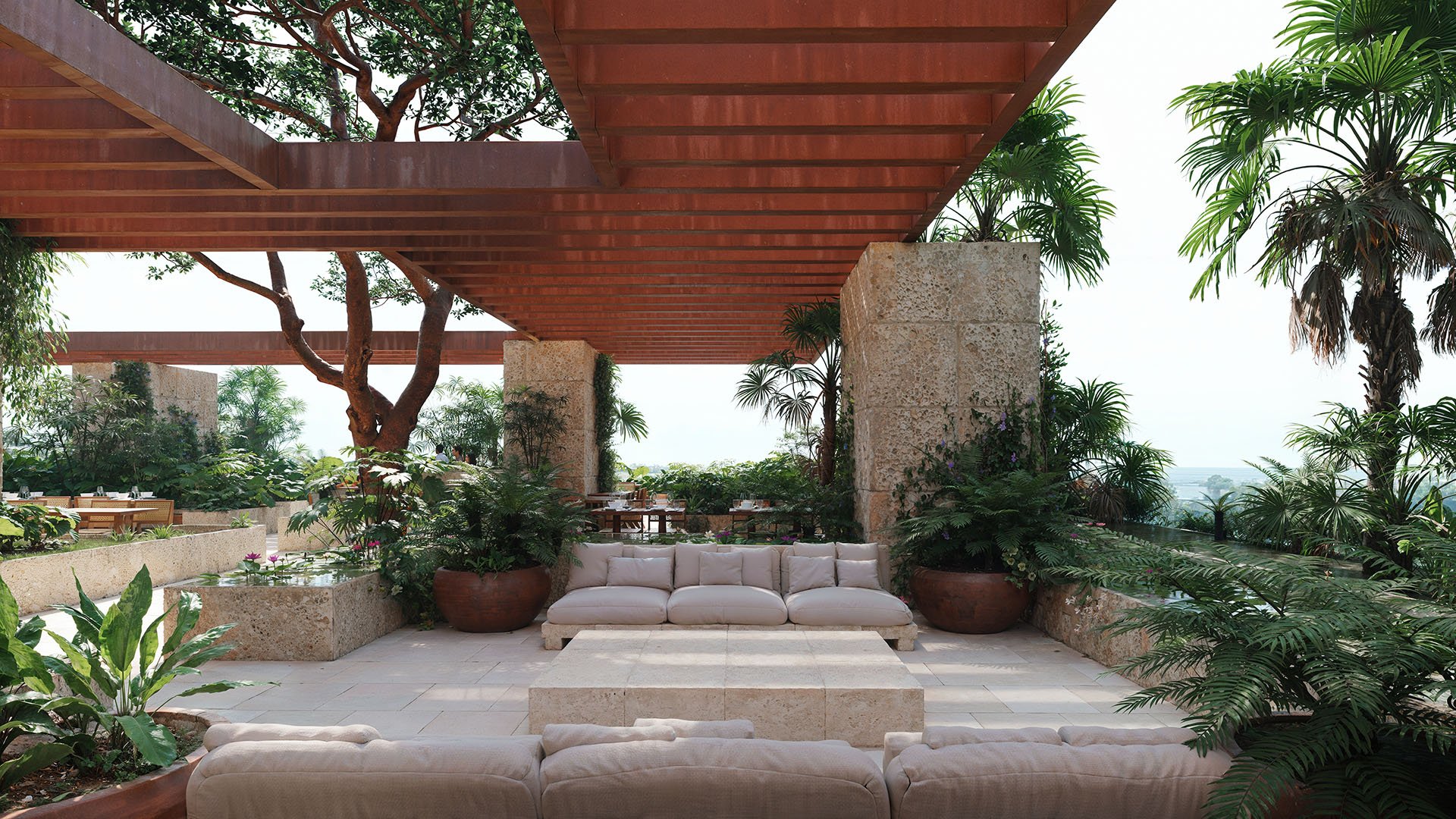 Rooftop restaurant lounge terrace at Ziggurat Coconut Grove, Miami, Florida, with pergola seating, lush planters and ocean views, highlighting luxury dining and ultra luxury preconstruction condos for sunset entertaining.
