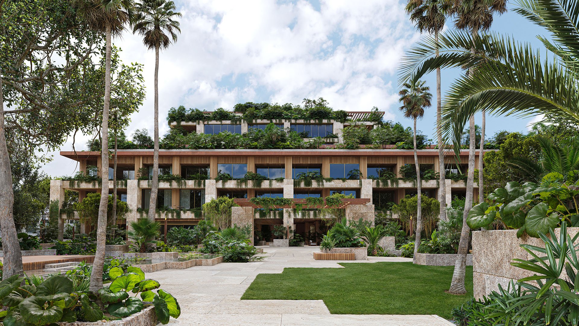 Front elevation of Ziggurat seen from Kirk Munroe Park, Coconut Grove, Miami, Florida, featuring layered green terraces and landscaped entry, showcasing luxury design and ultra luxury preconstruction condos.