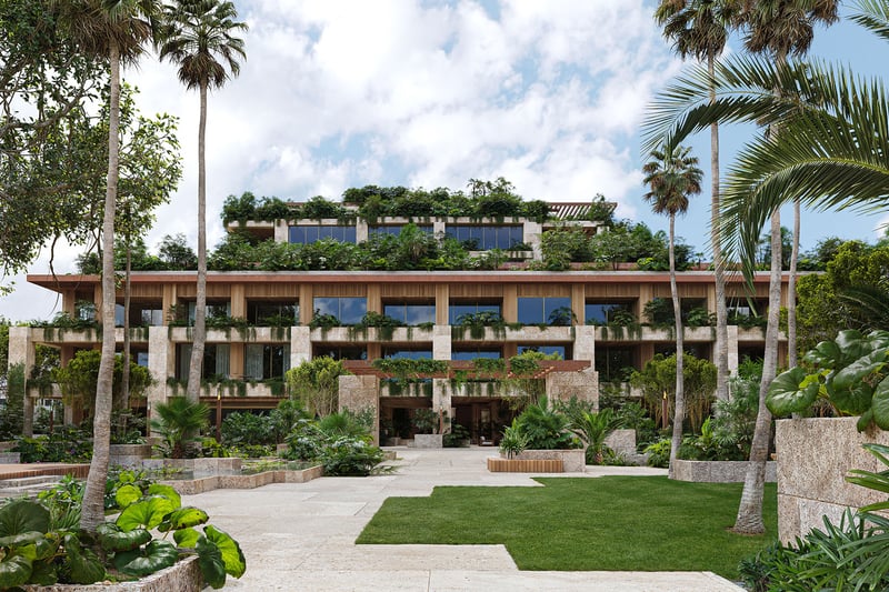 Front elevation of Ziggurat seen from Kirk Munroe Park, Coconut Grove, Miami, Florida, featuring layered green terraces and landscaped entry, showcasing luxury design and ultra luxury preconstruction condos.