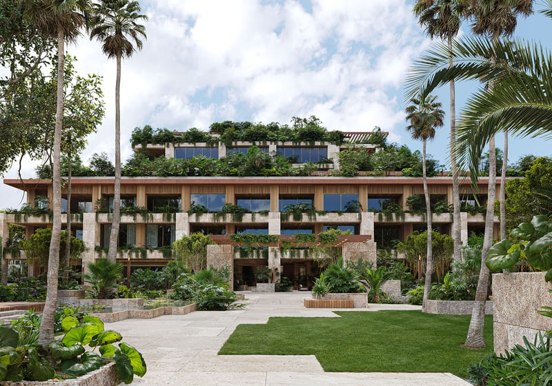 Front elevation of Ziggurat seen from Kirk Munroe Park, Coconut Grove, Miami, Florida, featuring layered green terraces and landscaped entry, showcasing luxury design and ultra luxury preconstruction condos.