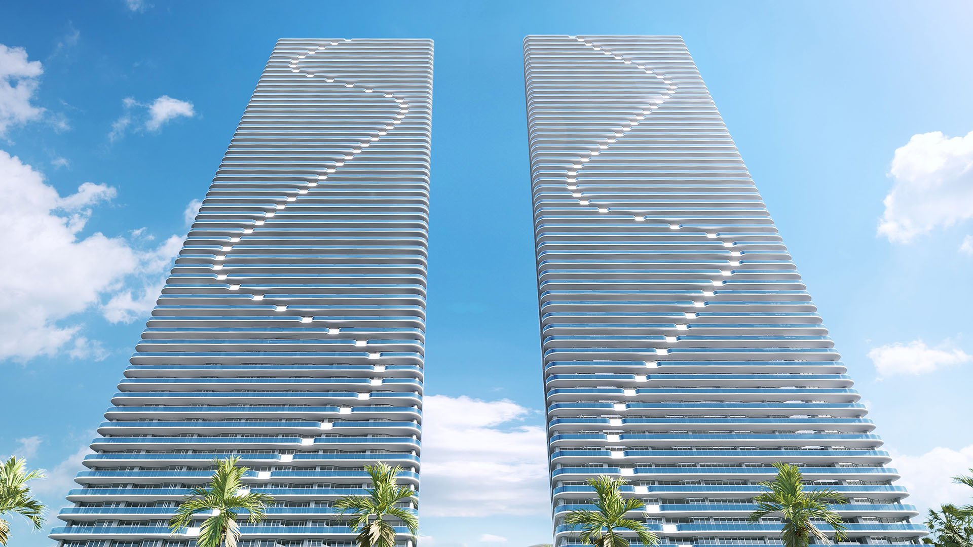 Aria Reserve Edgewater, Miami, Florida twin high-rise towers with sculpted balconies against blue sky and palms, highlighting luxury and ultra luxury preconstruction condos and iconic modern architecture.