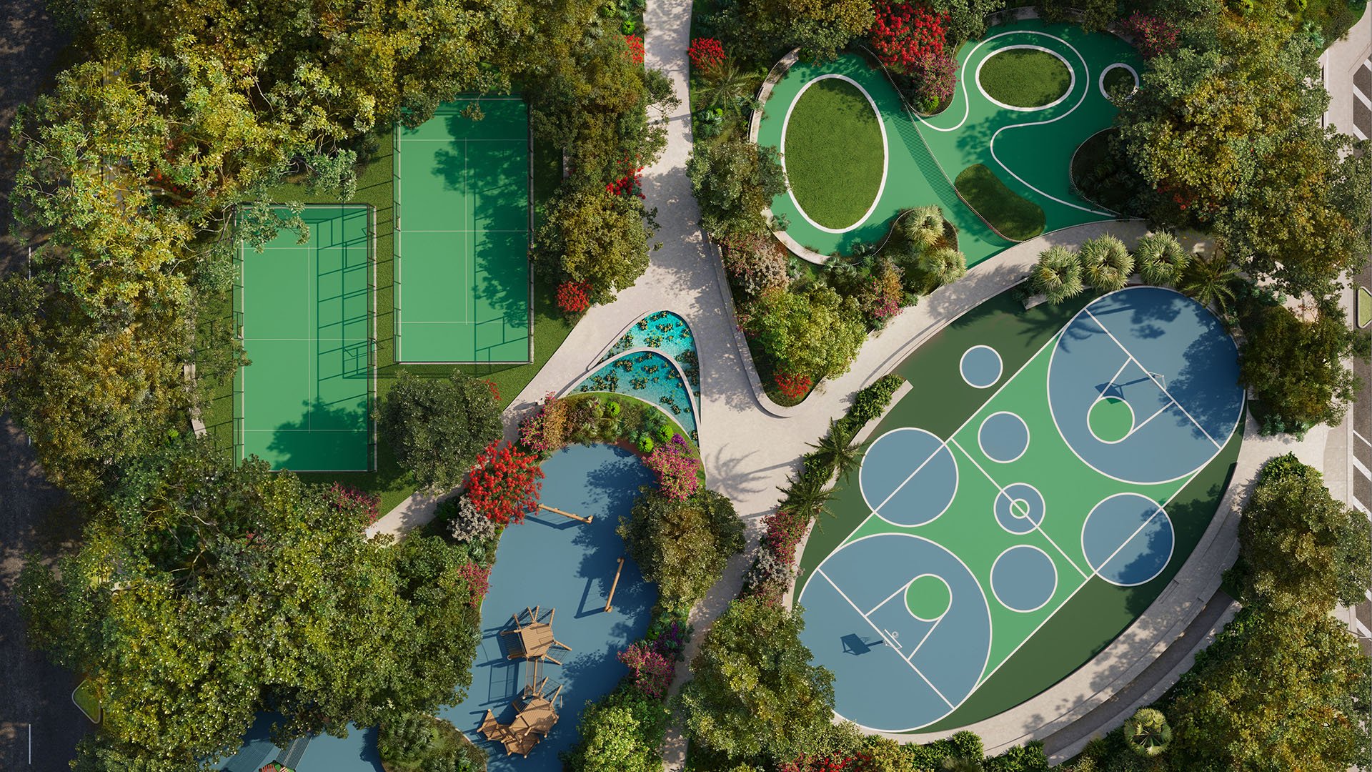 Mercedes-Benz Places Miami park amenities in Miami, Florida, aerial view with tennis courts, basketball court and playground set in lush landscaping—luxury and ultra luxury preconstruction condos community space.