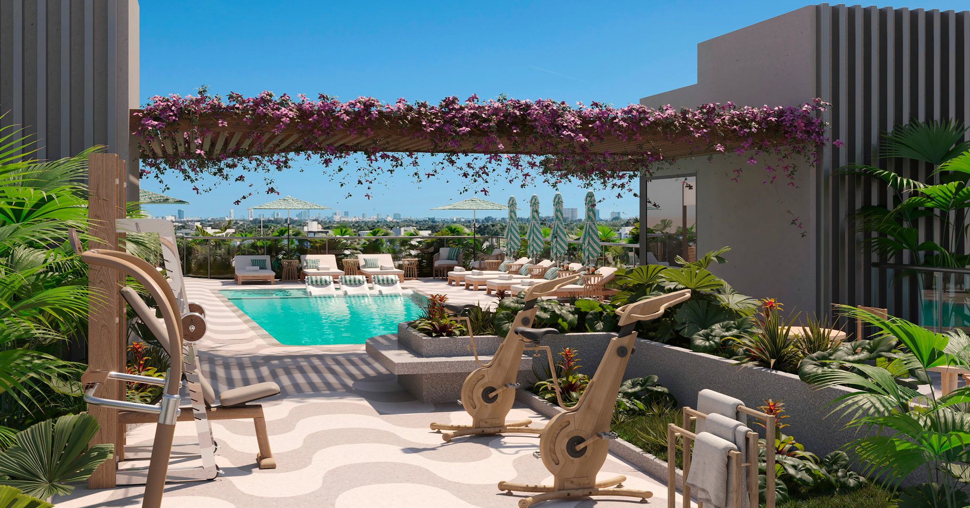 A landscaped fitness garden and wellness zone bring movement outdoors, balancing strength training and recovery in fresh air. Thoughtful lighting, greenery, and calm materials create a restorative atmosphere that complements the residences’ natural palette and indoor-outdoor flow from sunrise to sunset.
