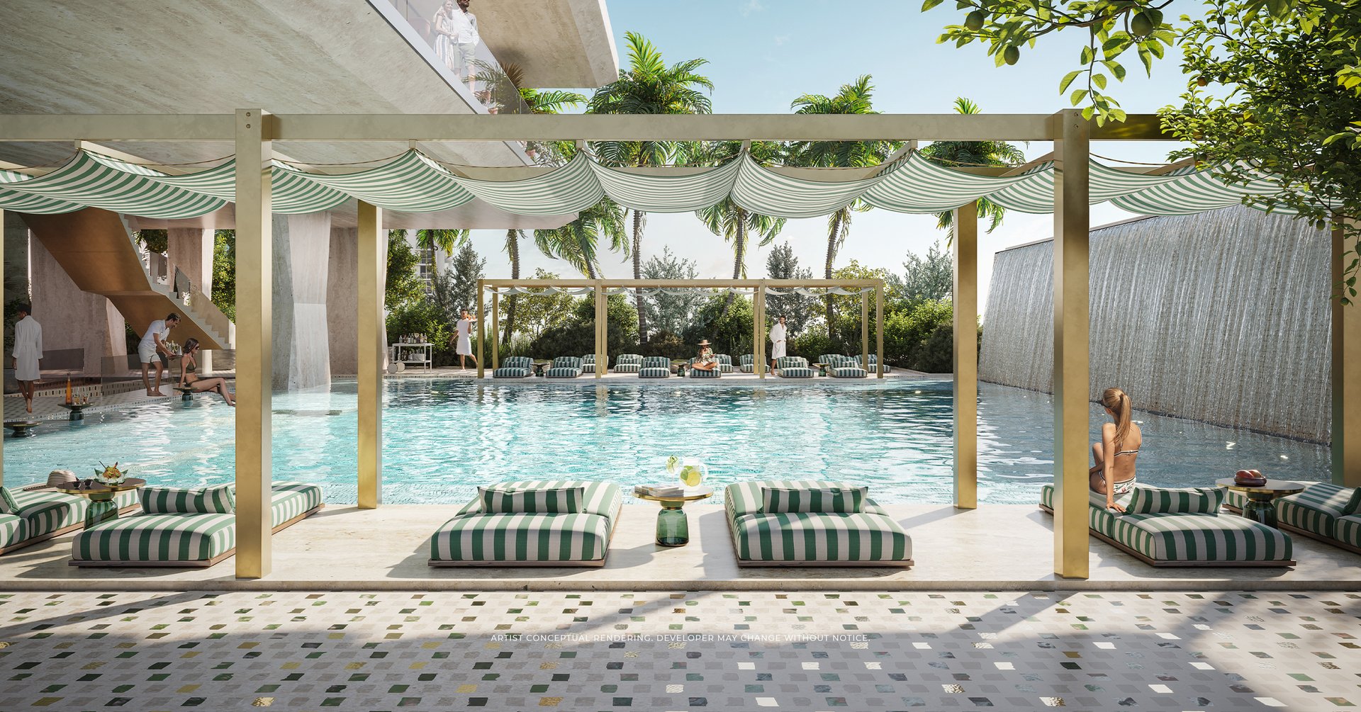 Sip, swim, snack, and sunbathe. Located on the 22nd floor is the Pool Club—dedicated to leisure, dining, swimming, and sunshine—this is where residents and guests go to relax, sip on a poolside spritz, and bask in the Miami sun.