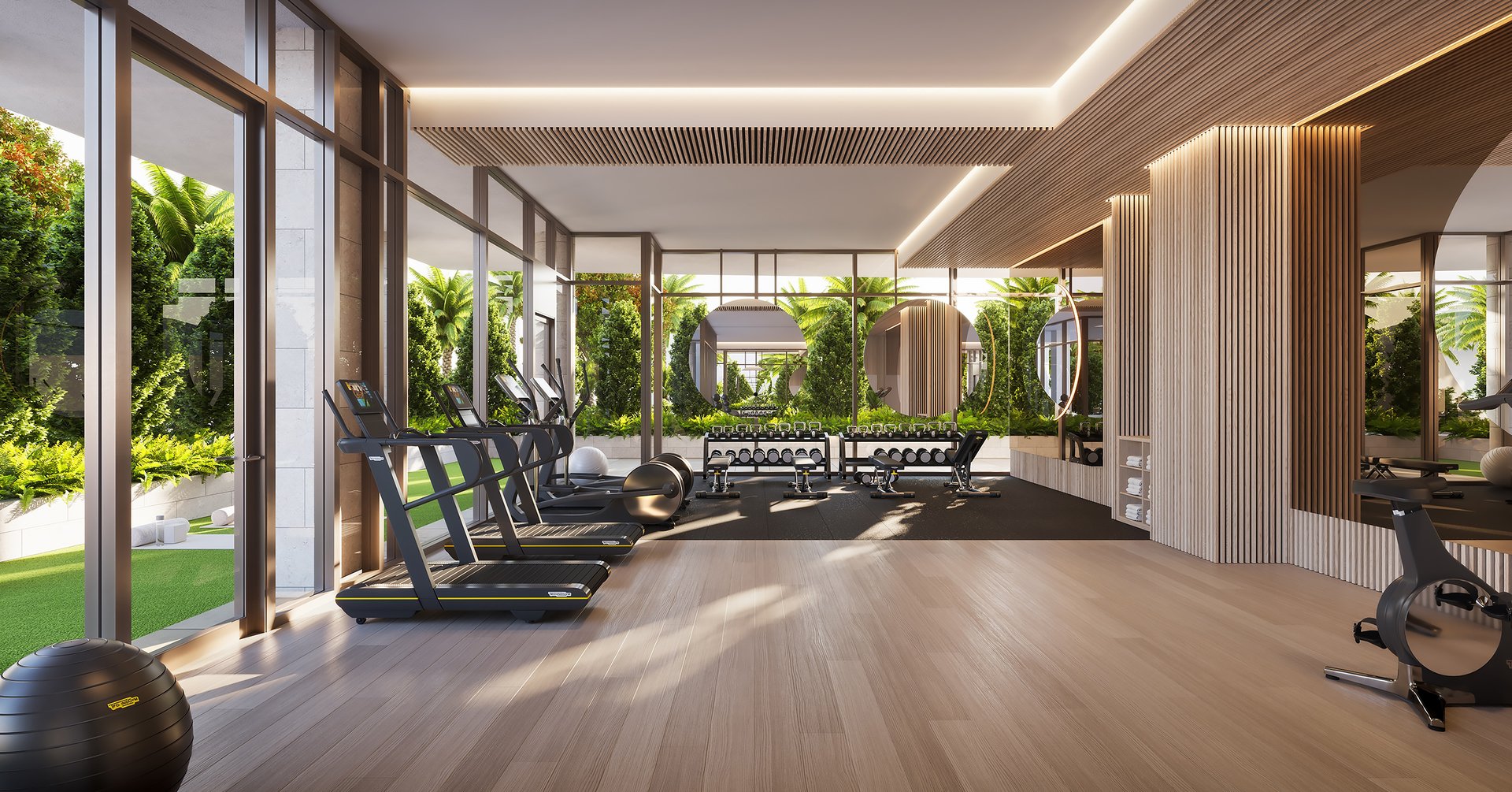 An on-site state-of-the-art fitness center, complete with outdoor turf lanes, sauna, and a plunge pool. This modern facility encourages residents to maintain a healthy and active lifestyle within the comfort of their exclusive community.