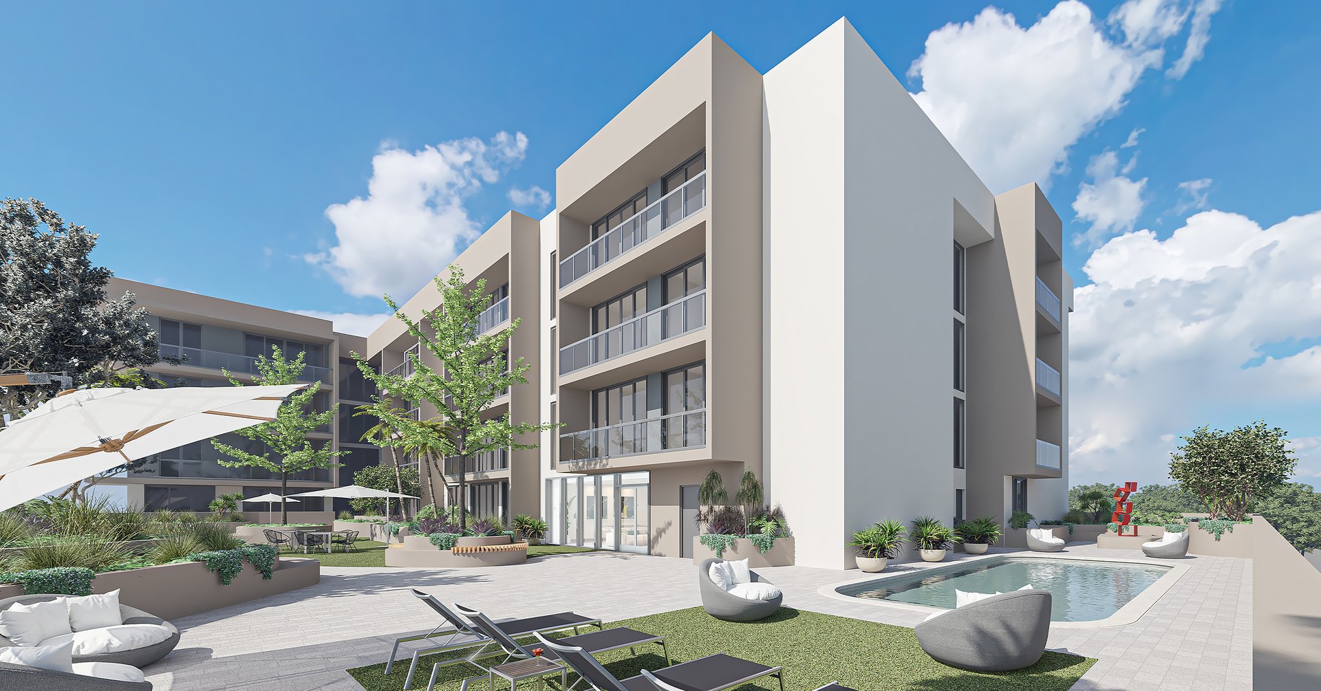 Arbor boasts a lush courtyard pool, offering a tranquil oasis for residents to relax and unwind in a serene setting.