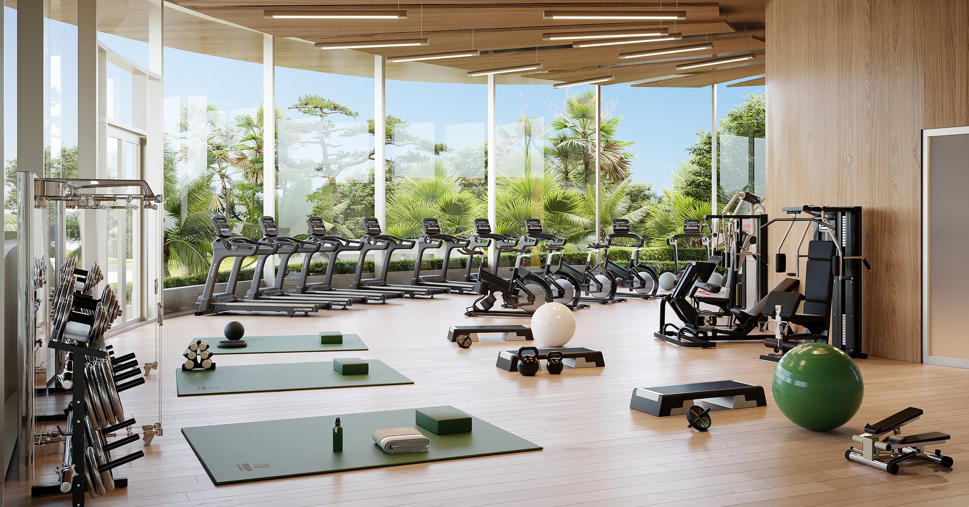 State of the art fitness center overlooking the garden level with exterior exercise area. The wellness experience at Aria Reserve provides tennis courts, paddle court, basketball court, yoga lounge area, spa relaxation area, massage rooms, sauna, and steam room.