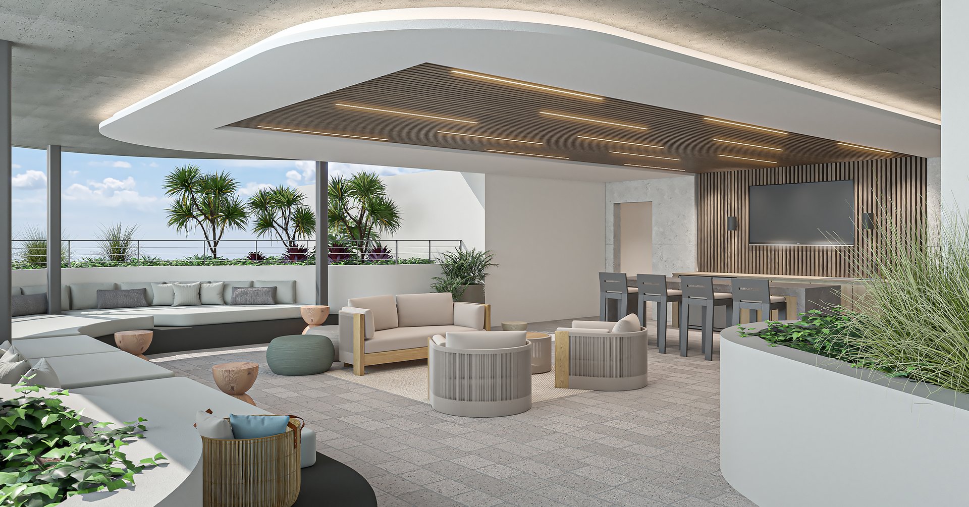 The rooftop terrace presents a stunning space for talking, entertaining, or simply appreciating the surrounding views.