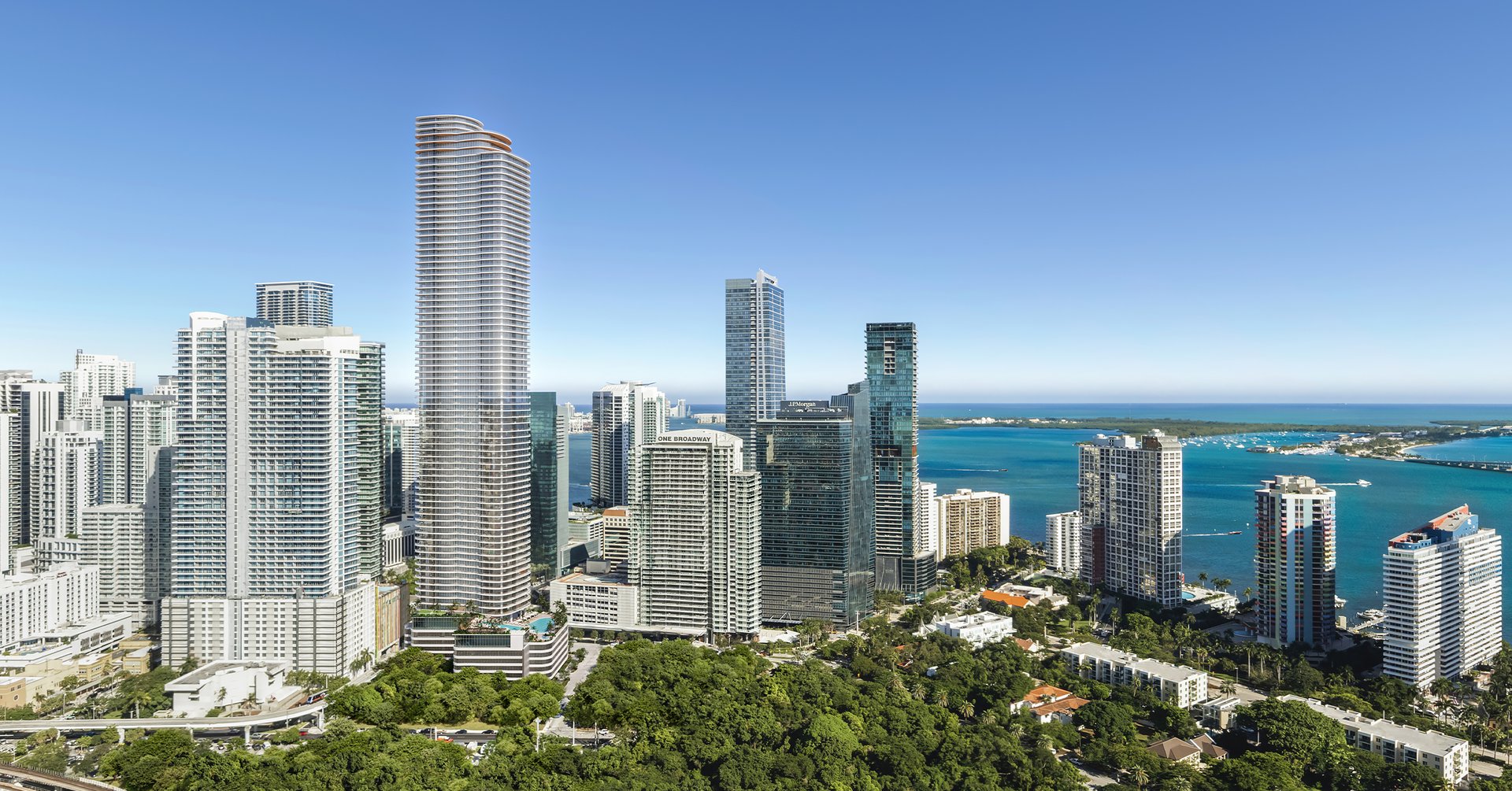 Set at 1420 South Miami Avenue in Brickell, the address places the Penthouse inside Miami's financial core, where private wealth offices, global banking, and family office activity form the city's institutional center. Rather than a shoreline parcel, its position is defined by altitude, with 360-degree vistas toward Biscayne Bay, Brickell, and Coconut Grove. Miami International Airport and the South Florida private aviation corridor remain within efficient reach, preserving access for international principals without leaving the city's business axis.