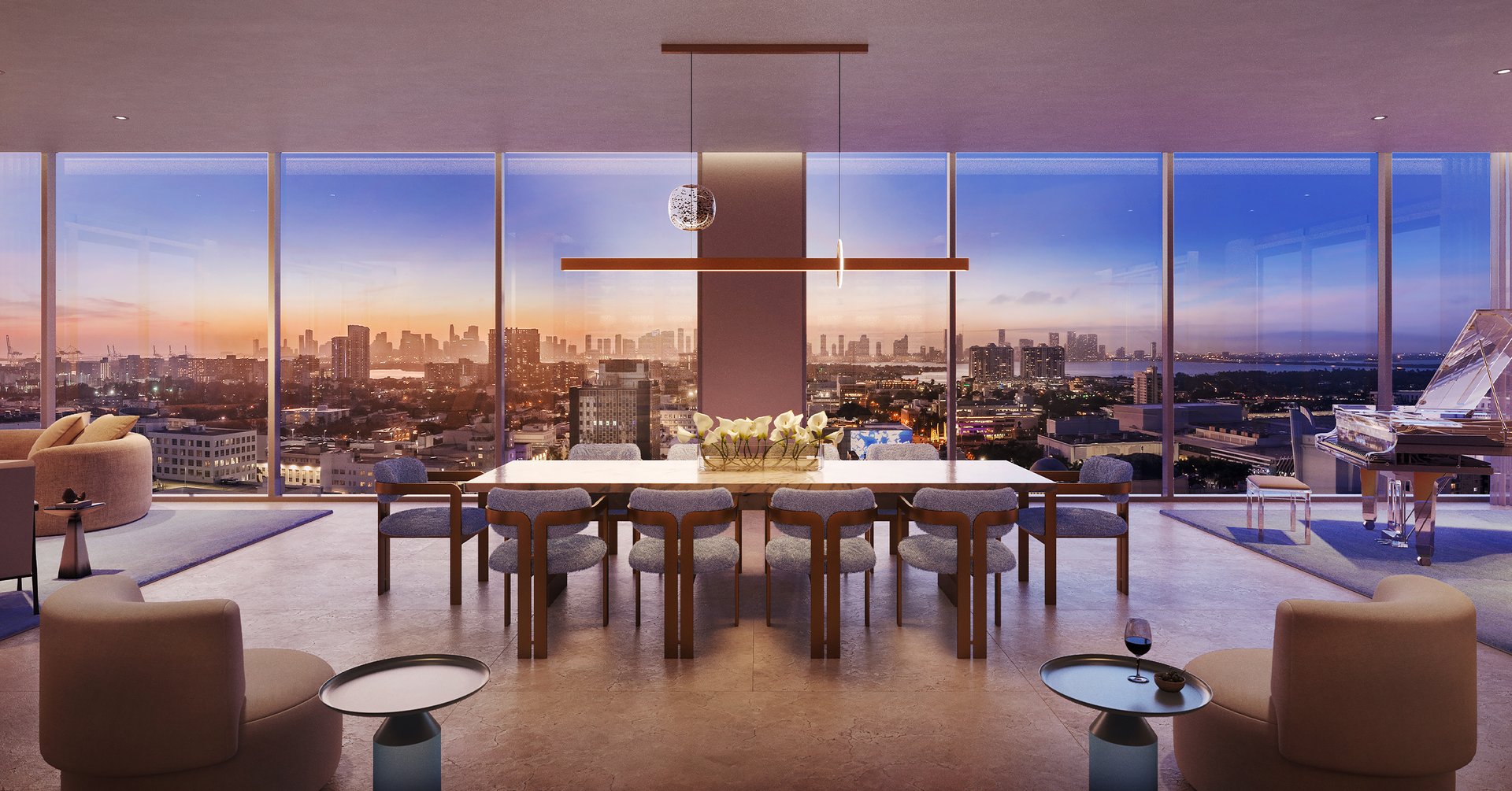Within a boutique oceanfront collection of only 30 residences, each is defined by direct elevator arrival, 10-foot ceilings, full-height glazing, and generous terraces edged in architectural glass. Living, dining, and entertaining rooms are composed at a villa scale, supported by Lutron controls, natural stone surfaces, full laundry, and Miami-Dade rated glazing. The penthouse carries this residential language across more than 11,500 square feet, culminating in a private rooftop with pool and outdoor kitchen.