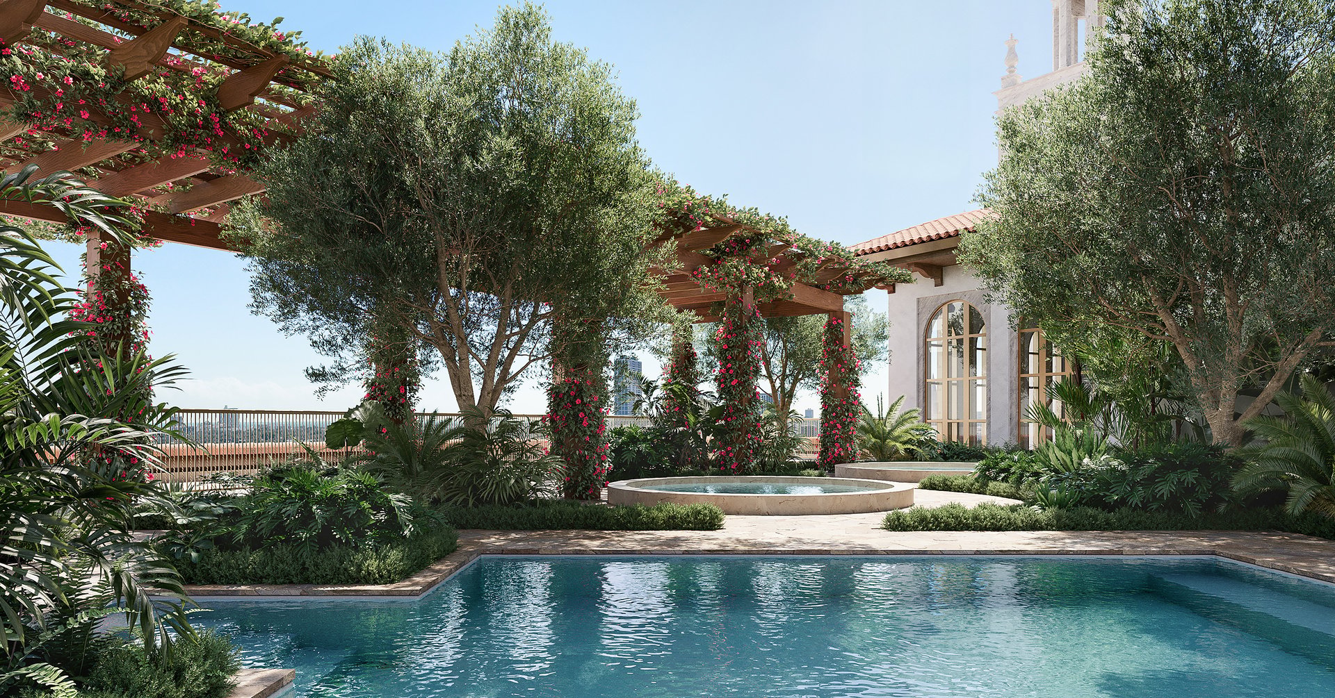 An expansive rooftop oasis where a resort-style pool shimmers under the sun, inviting lounges offer relaxation in style, and panoramic vistas of the cityscape captivate the senses.