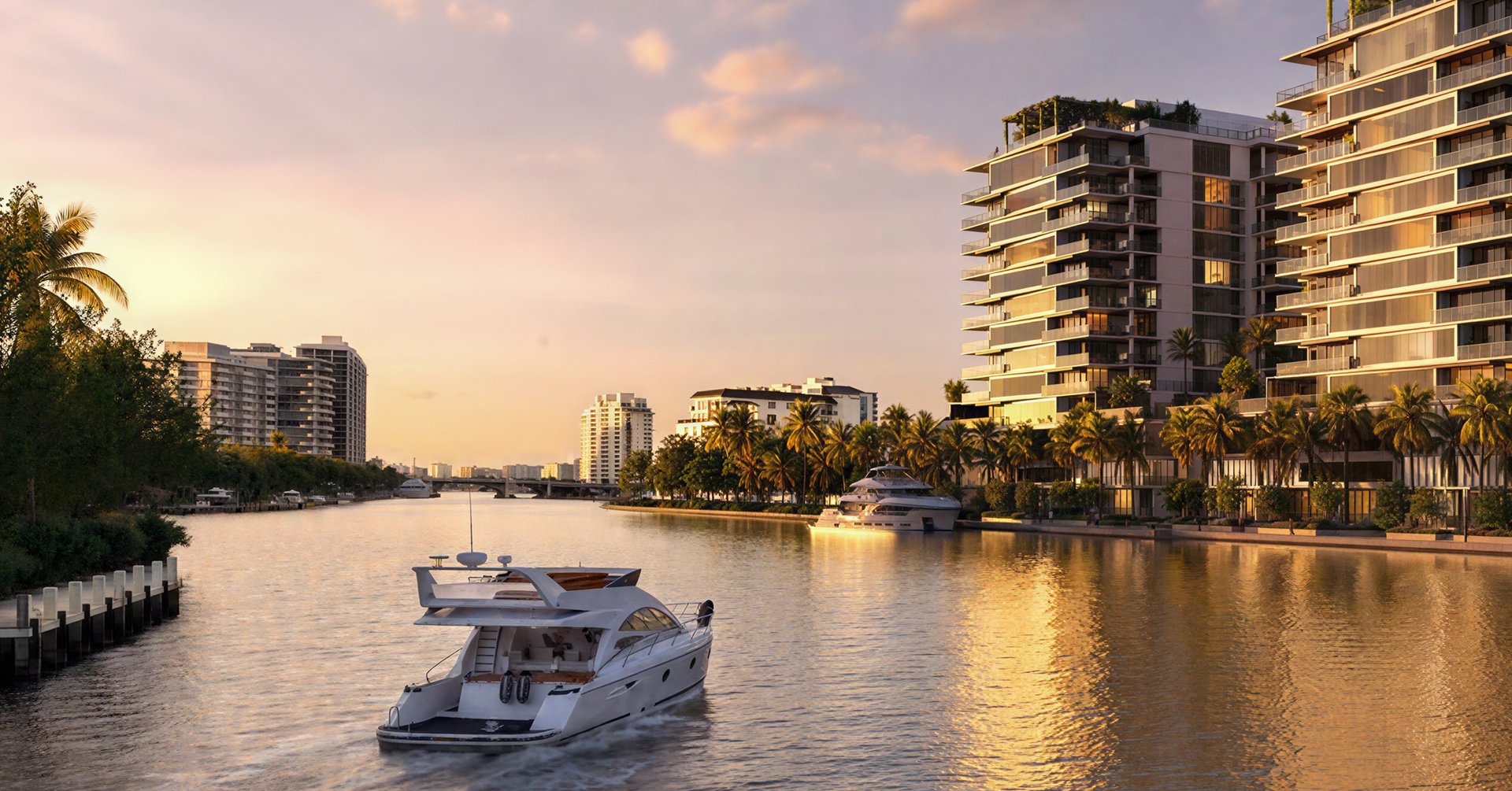 A landscaped Intracoastal-side promenade connects daily life to the water’s rhythm, framed by tropical planting and quiet lounge moments. Private dockage and outdoor seating create a relaxed, club-like setting to stroll, pause, and watch passing yachts from morning to sunset.