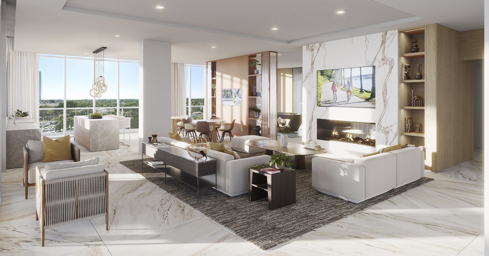 This area includes a multi-sport simulator room, screening room, teleconference spaces, workspaces, library, and a private dining room with climate-controlled wine storage.