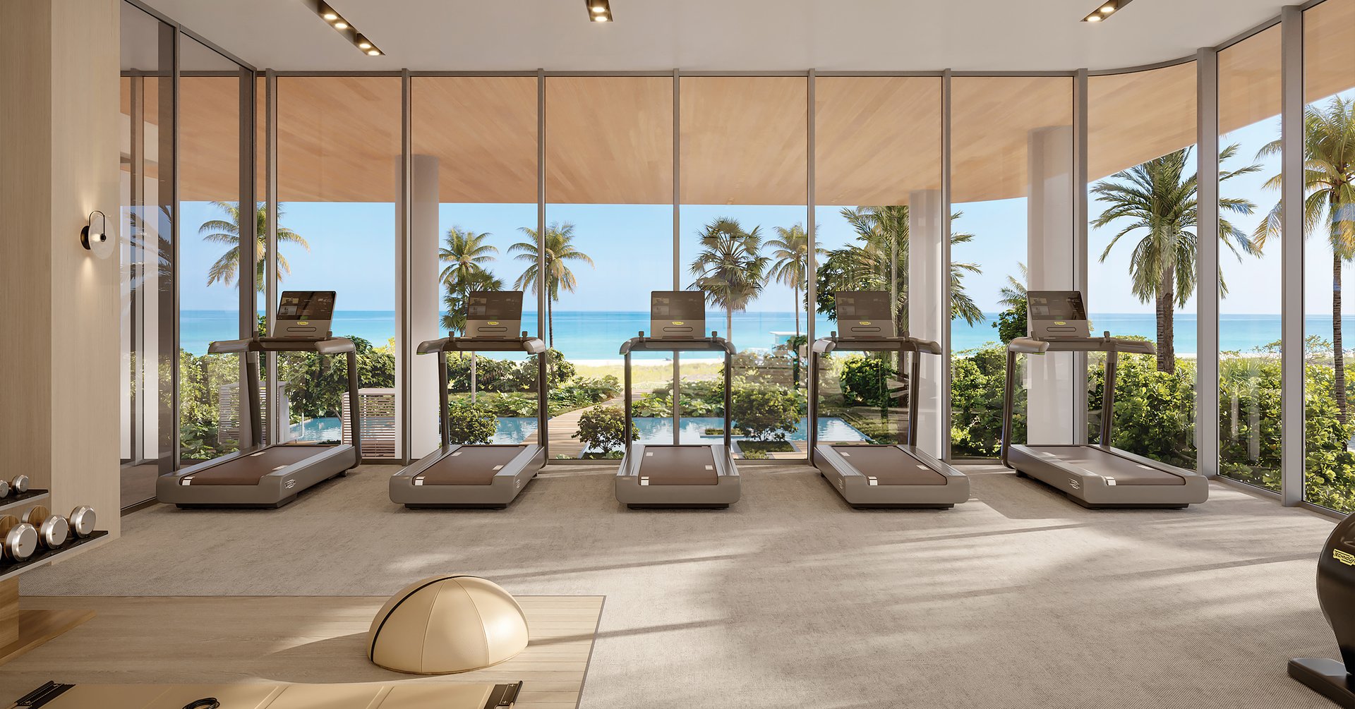 An equipped room with everything needed for a complete workout. Other wellness areas include a sauna, and steam rooms.