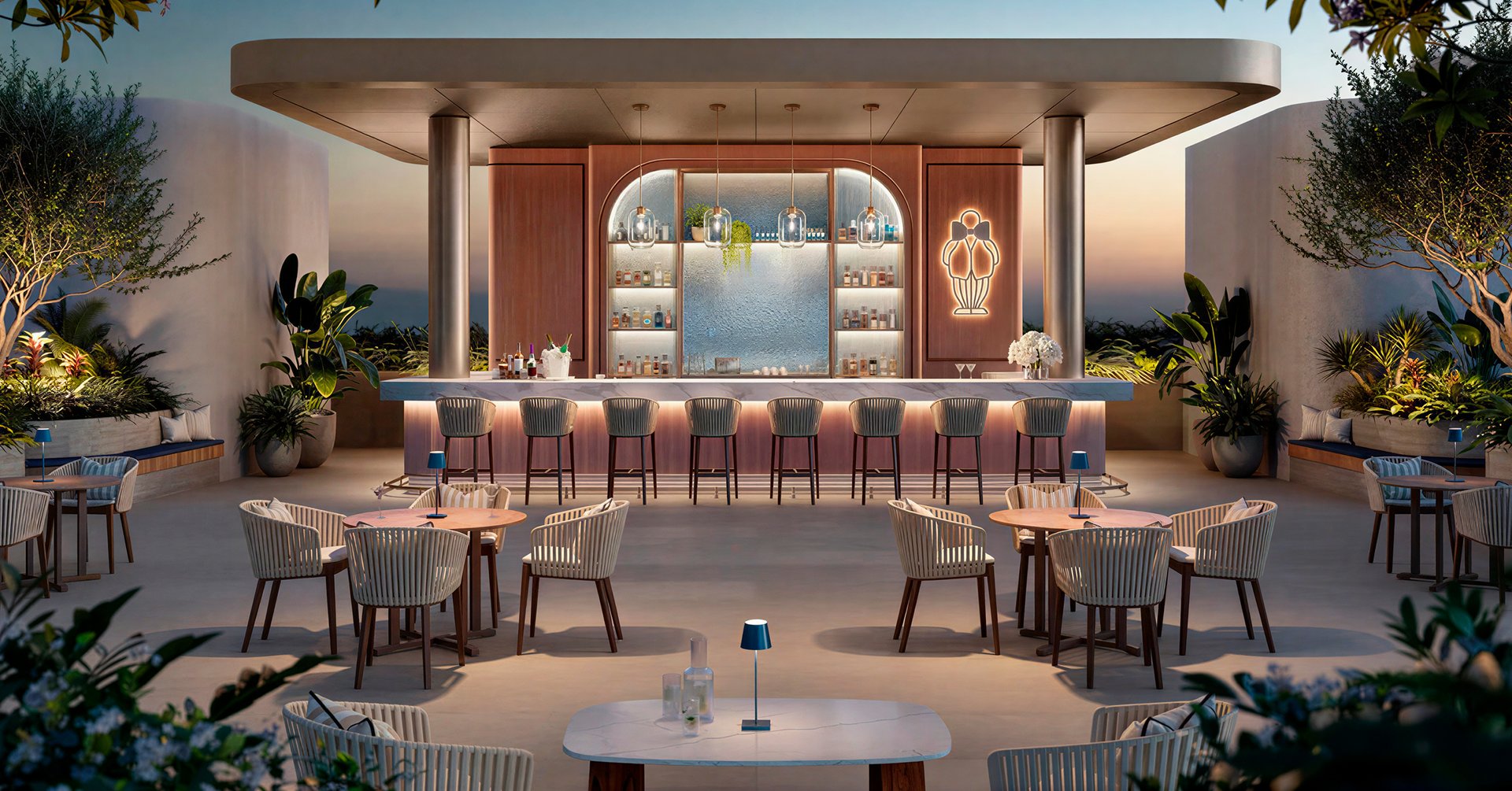 Bellini Restaurant brings signature Mr. C cuisine to an elegant, lively setting with indoor and al fresco dining. Residents enjoy in-residence and poolside service, attentive concierge, valet, and optional housekeeping. Exclusive benefits across the global Mr. C portfolio add a discreet, worldly touch.