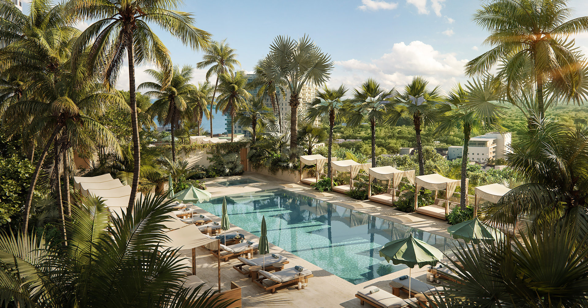 Residents enjoy exclusive access to a swimming pool with hot and cold plunges, complete with private cabanas and chaises. A second pool and hot tub area is available for both residents and club members.