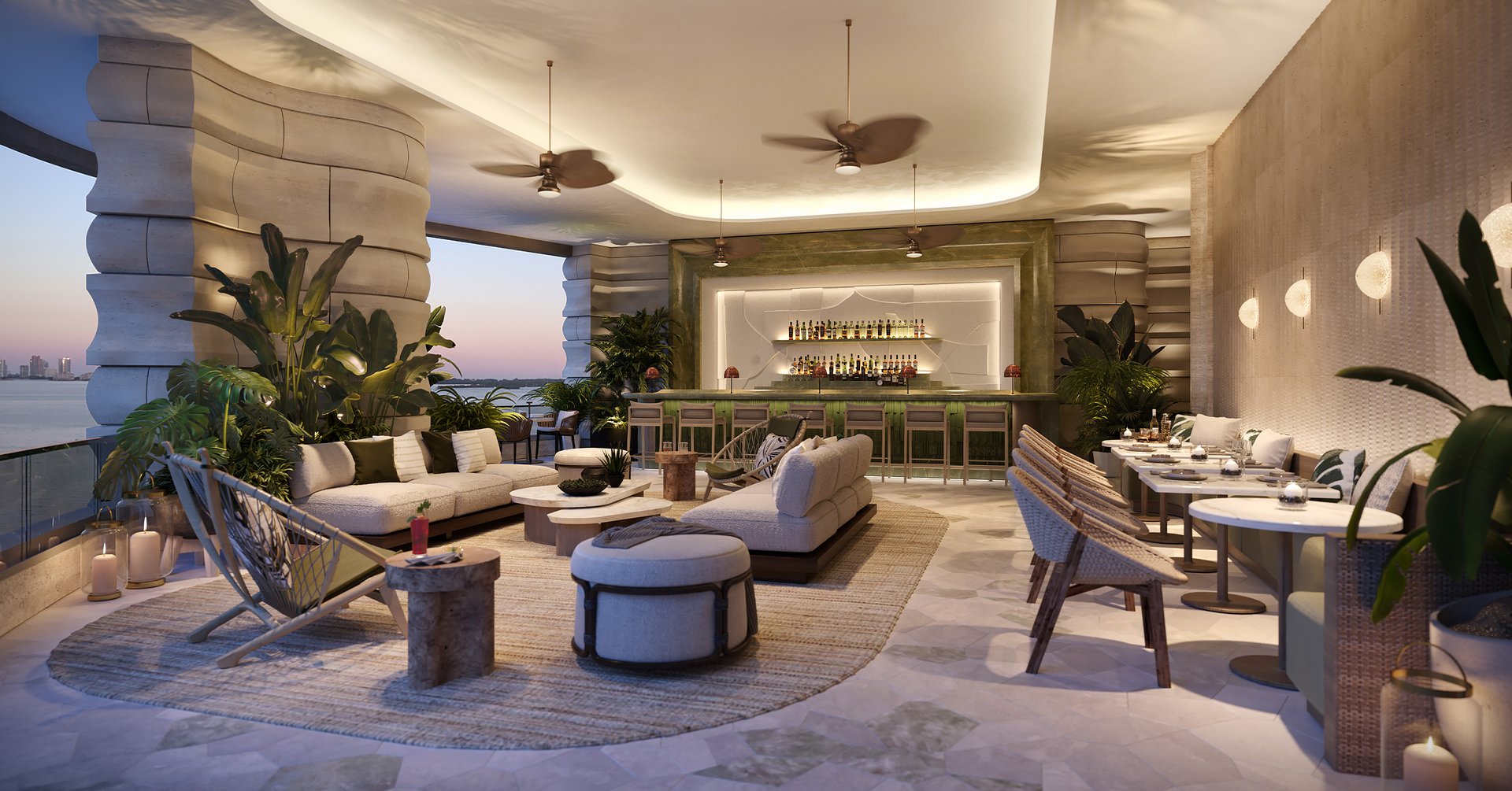 Robert A.M. Stern Architects shapes The Villa through a modern classicism of disciplined proportions, panoramic glazing, and a ceremonial stair that gives gravity to arrival and ascent. Rockwell Group answers with stone flooring, European wood doors, custom Italian cabinetry, and natural stone surfaces finished with Dornbracht fixtures and fully integrated Sub-Zero and Wolf appliances. In the private quarters, oversized dressing rooms, freestanding tubs, and midnight bars extend the atmosphere of suite-like hospitality.