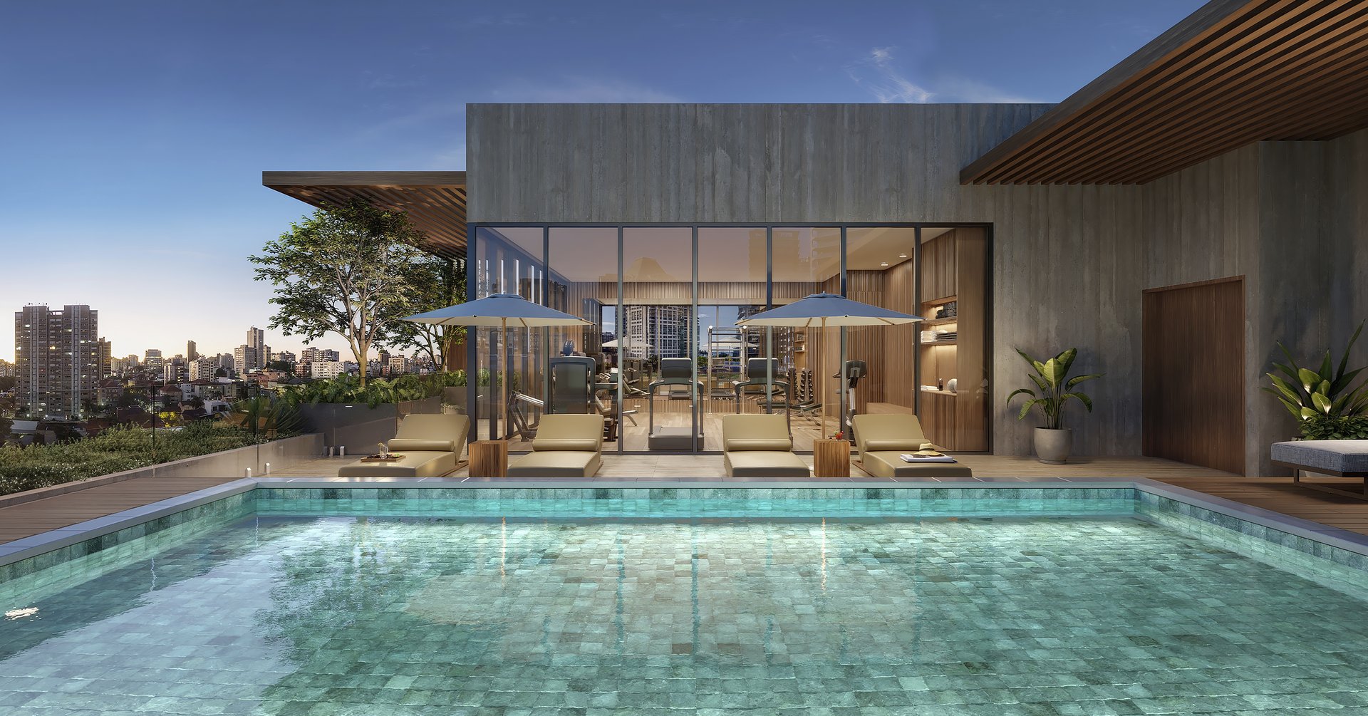 Opus features a private rooftop pool oasis, complete with an upscale bar and comfortable lounge area.