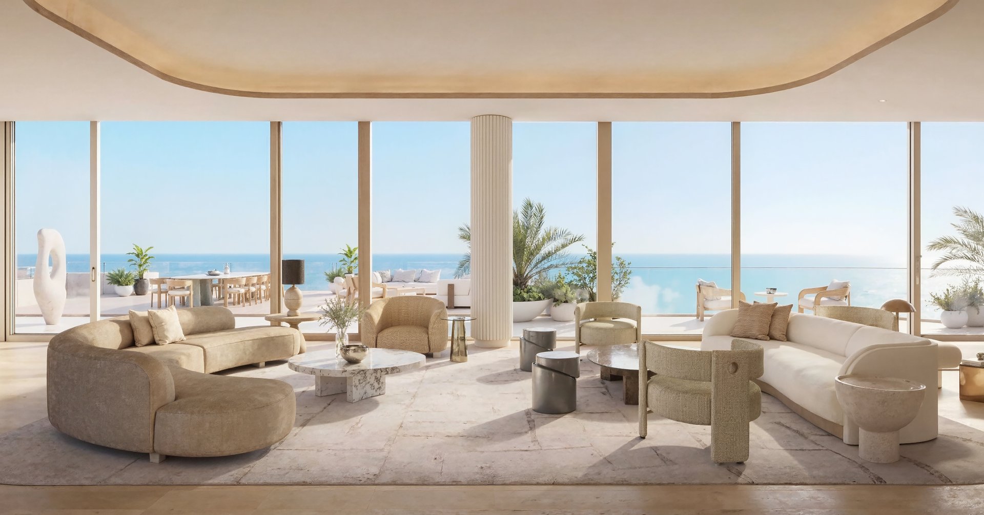 Set on Level 18 at The Perigon Miami Beach, the Upper Penthouse brings OMA’s oceanfront architecture, interiors by Tara Bernerd & Partners, and landscape by Gustafson Porter + Bowman into a private composition above Miami Beach. Sunrise and sunset terraces frame the Atlantic, Biscayne Bay, and the evening skyline, while the plan moves from gallery arrival to great room, pool terrace, and primary retreat with the scale of a coastal estate.