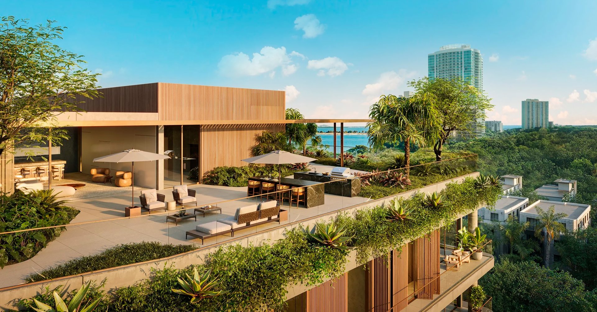 The rooftop oasis features a 50-foot resort-style pool with private cabanas and an expansive 5,200 sq. ft. sun deck overlooking the Miami skyline. This elevated retreat offers panoramic city and bay views, creating the perfect setting for relaxation and elegant social gatherings above the bustle of Brickell.