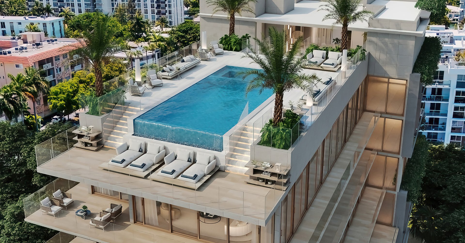 This remarkable space features a sparkling pool, jacuzzi, lounge chairs, daybeds, outdoor kitchen, and bar, creating the ultimate setting for relaxation and entertainment. With panoramic views of the city skyline and the bay, the rooftop pool deck is the ideal place to socialize with friends and family or simply soak up the sun in style.