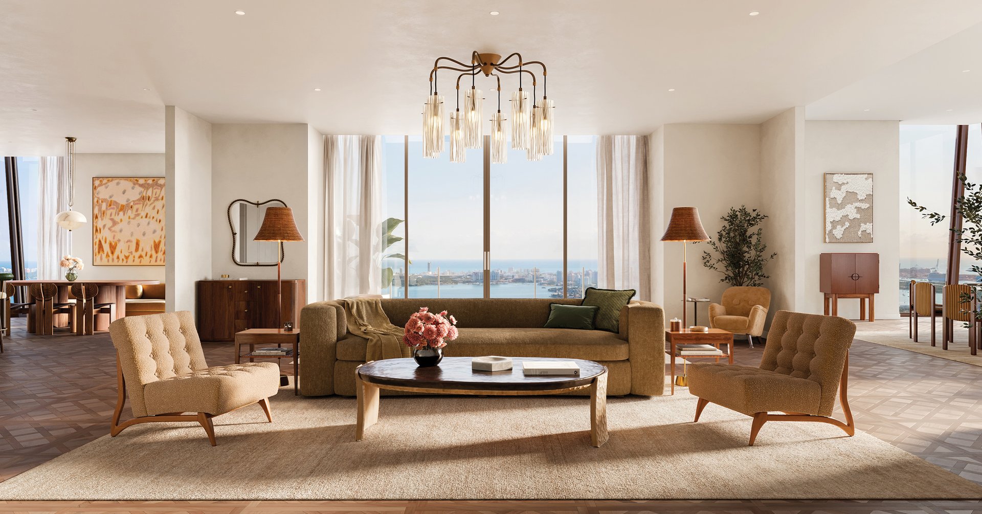 Conceived by ODP Architecture & Design and shaped within by Vicky Charles and Charles & Co., Villa Triplo crowns Villa Miami with a triplex residence set roughly 650 feet above Biscayne Bay. Double-height glazing and a sequence of east- and west-facing terraces open long views across the bay, Miami Beach, the Atlantic, and the downtown skyline. It reads less as a penthouse than as a private house suspended between water, horizon, and light.