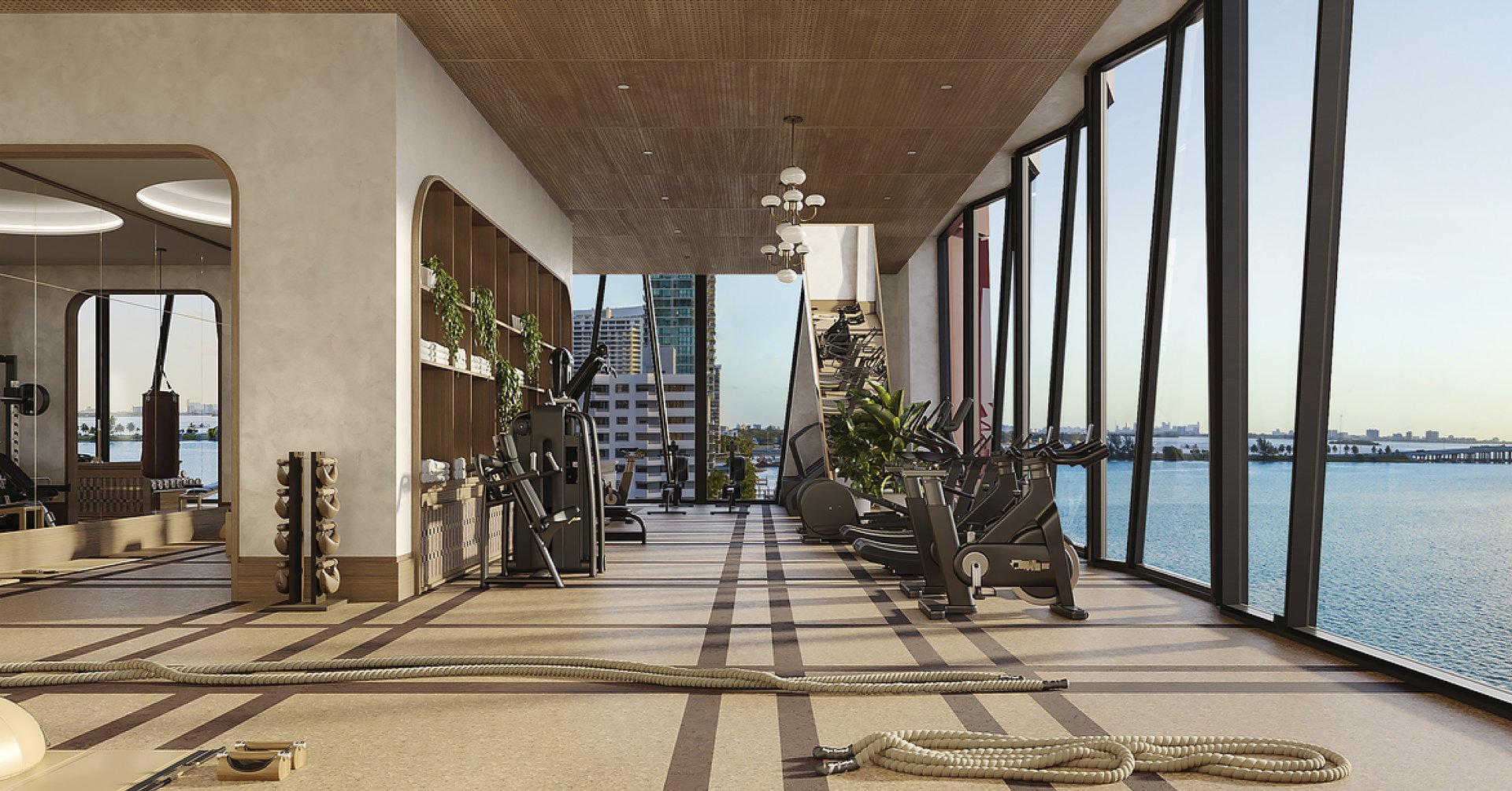 This fitness center offers a bright and spacious space filled with modern Technogym equipment and fully equipped yoga, pilates, and boxing studios.