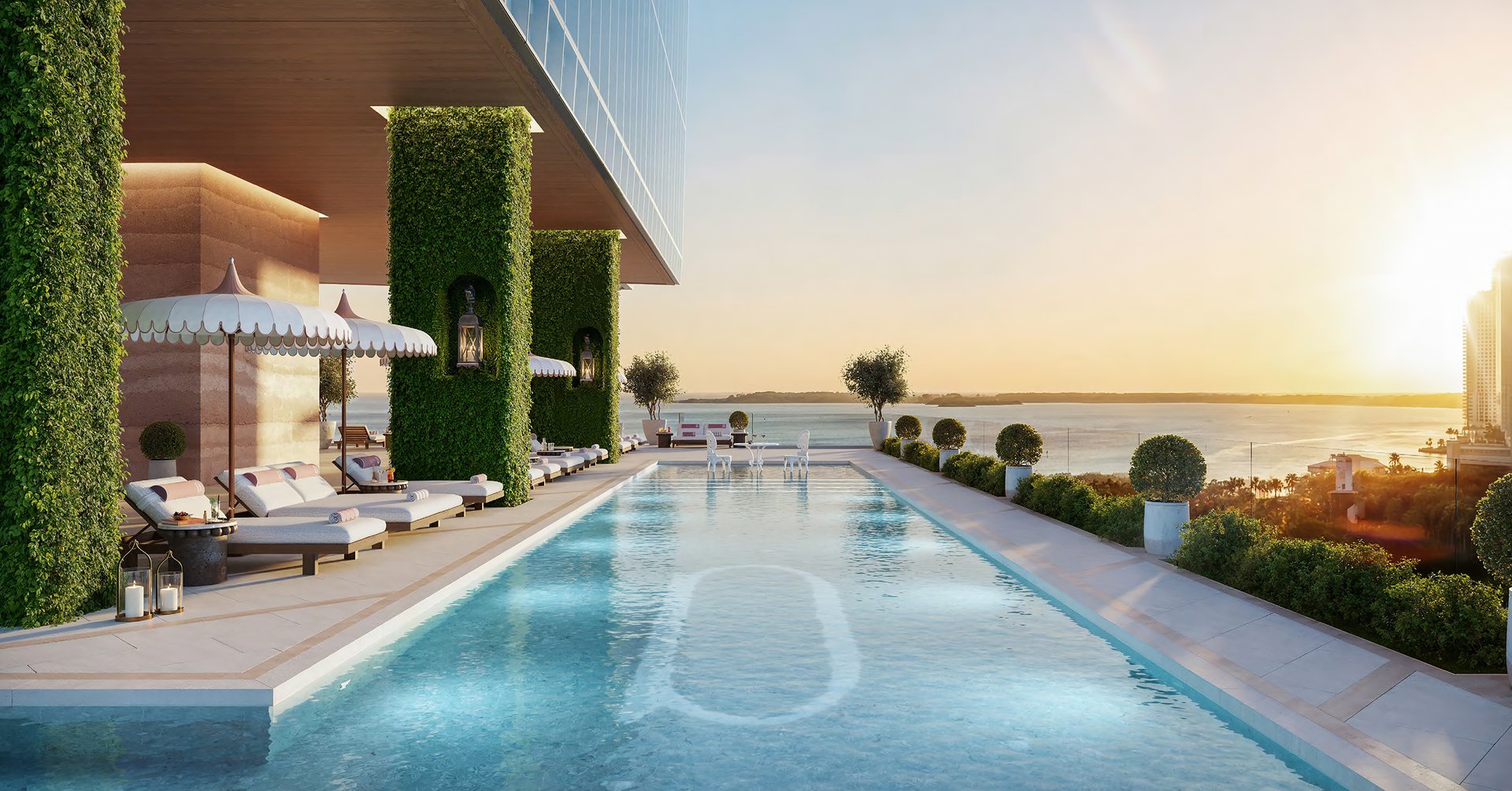 A resort sequence rises through the tower, culminating in an elevated pool deck and a reimagined Delano Rose Bar alongside a private members club. Above, rooftop dining and panoramic lounges create a high-altitude address for entertaining, framed by bay and ocean horizons.