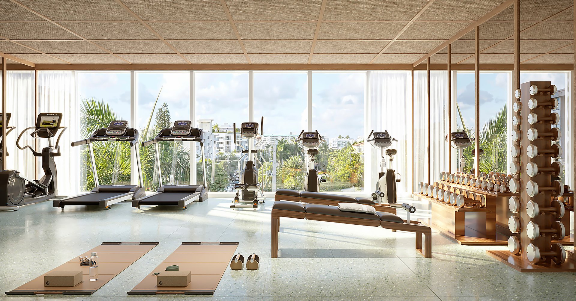 The fitness center is designed to make working out a healthy, balanced, and positive experience, in an environment that’s both nurturing and inspiring. Cardio machines face floor-to-ceiling glass, with dedicated areas for yoga and pilates, weight training, and stretching, as well as breezy, light-filled studios for private and group classes.