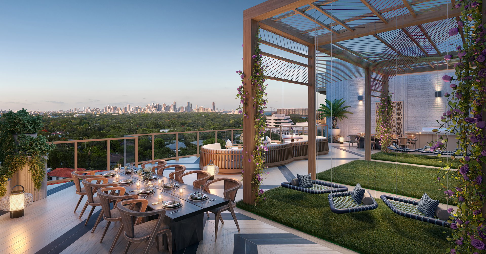 The rooftop oasis at The Lincoln offers a serene escape with a heated lap pool, inviting cabanas, and breathtaking views, providing the perfect setting for relaxation and recreation.