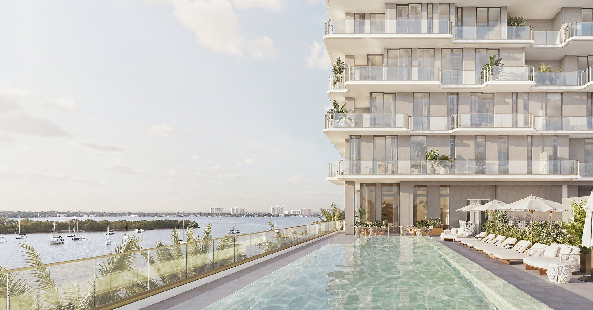 A landscaped bayfront pool deck with cabanas creates a setting that shifts beautifully from morning light to sunset gatherings. Framed by water, skyline views, and the surrounding preserve, it brings resort ease to everyday life while preserving the intimate scale of a boutique tower.