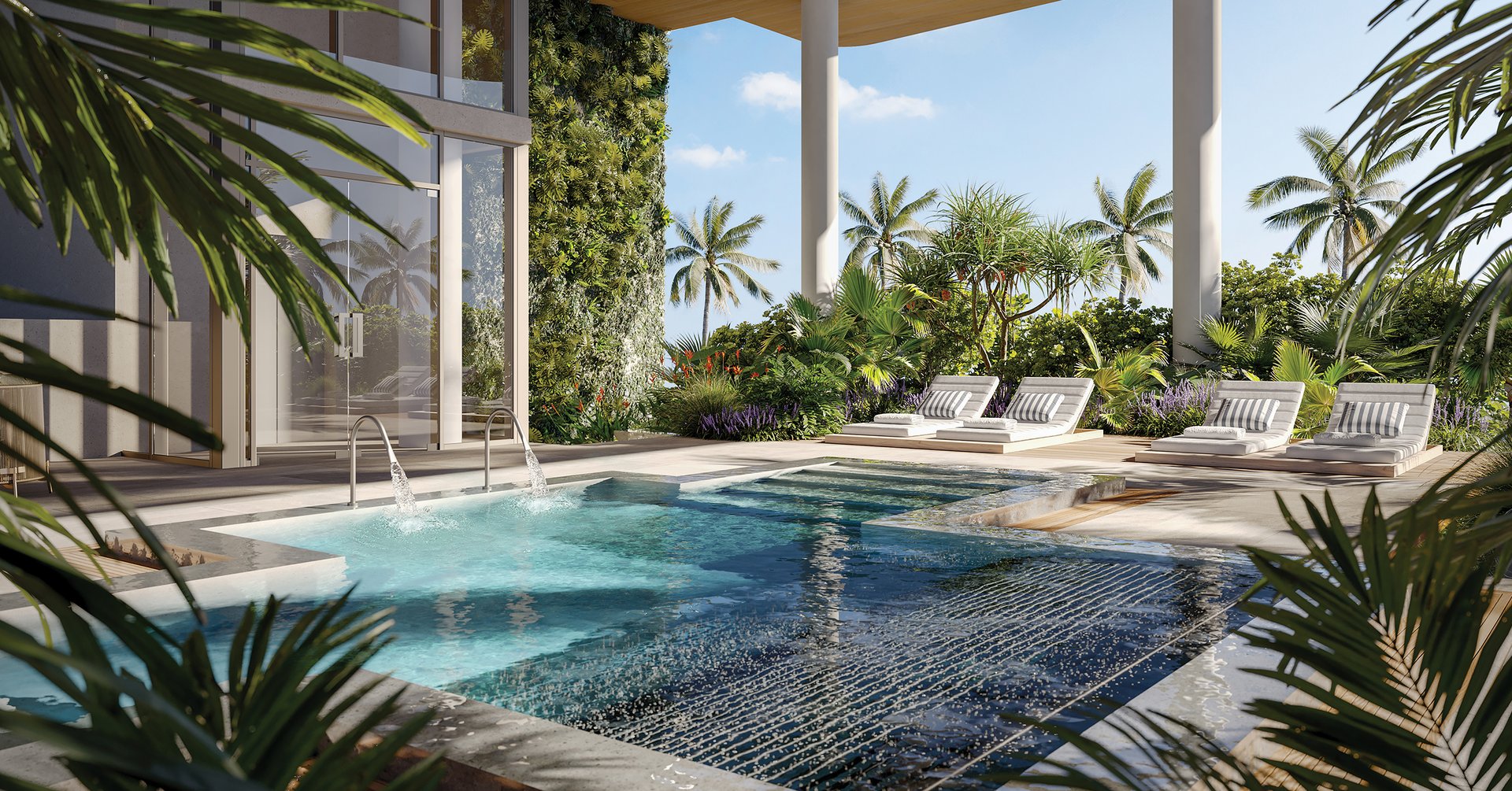 Within the Penthouse, private leisure and wellness are treated as part of the residence itself: a billiards salon with bar, dedicated cinema, spa retreat, fitness studio, and private training room. Above, the oceanfront rooftop holds a pool, summer kitchen, dining terrace, and open-air lounge, all oriented to full sunlight and panoramic views from ocean to skyline. Around it, 24-hour reception and concierge, valet service, on-site management, beach- and pool-chair service, and direct ocean access establish a discreet service cadence from arrival to shoreline.
