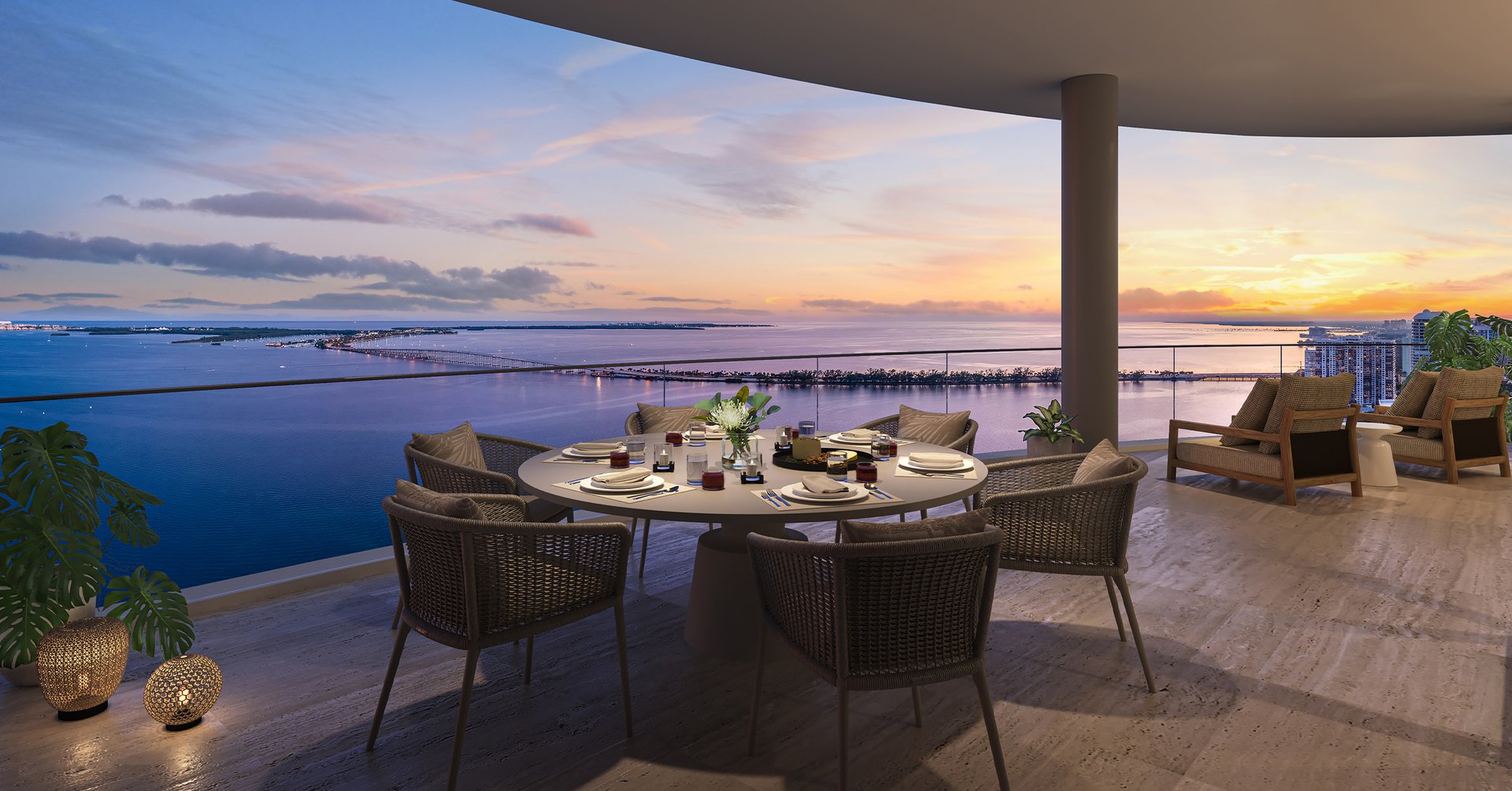 Robert A.M. Stern Architects composes the tower through setbacks, curvature, and disciplined proportions, securing privacy while widening exposure to bay, skyline, and horizon. Rockwell Group carries that language inward with custom Italian cabinetry, European stone flooring, natural stone countertops and backsplashes, European wood doorways, and a coastal palette calibrated to light rather than ornament. In Upper Penthouse, 11-foot-6-inch living-area ceilings, rounded glazing lines, and the choreography between grand stair, internal elevator, and terraces create a residence of quiet authority.