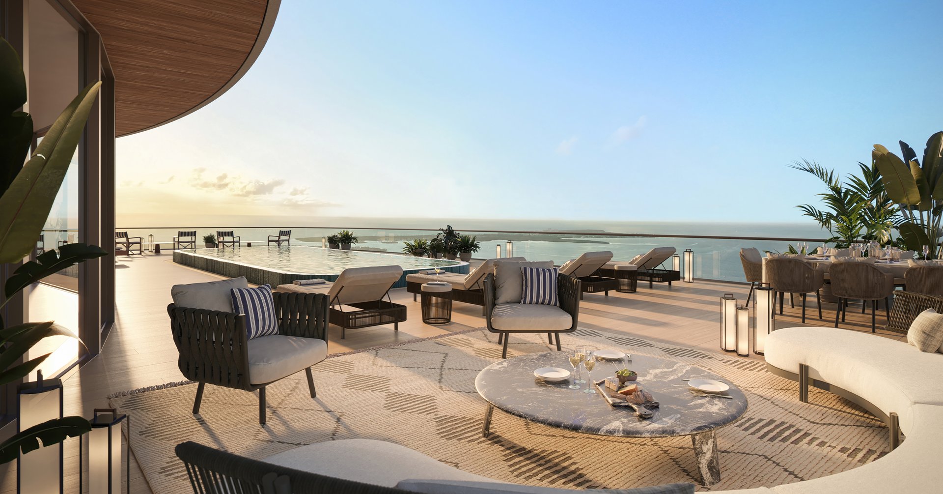 For the Penthouse, privilege is internalized at roof level, where a 2,146-square-foot sundeck, infinity pool, summer kitchen, and game room with bar are arranged above the private interior levels. Cipriani extends the living experience through dedicated concierge access, priority reservations at the 37th-floor speakeasy, and a global concierge platform for activations, accommodations, and reservations across the brand's international sphere. Private elevator landings, service quarters, a family room, and a midnight bar reinforce a cadence of discretion before the first guest arrives.