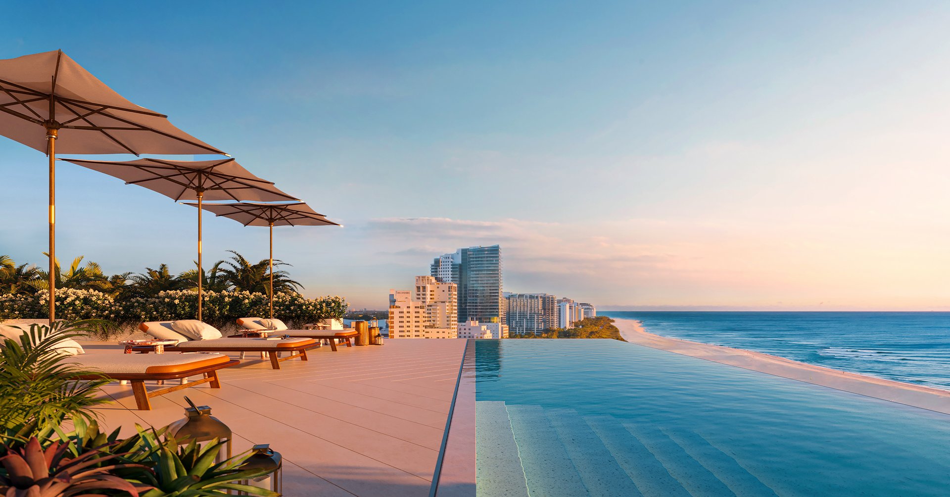 For the penthouse, privilege culminates in a private rooftop terrace with an infinity-edge pool, outdoor kitchen, and open-air salons poised above the Atlantic. Beyond the residence, access extends to a resident-only lap pool and cabanas, an entertainment lounge with chef's kitchen, Technogym fitness, screening room, beach club service, spa rituals, and dining by José Andrés. Concierge, valet, doorman, in-residence dining and catering, private air and ground transport coordination, and global owner privileges across Marriott International's luxury portfolio extend the cadence of fully serviced living.