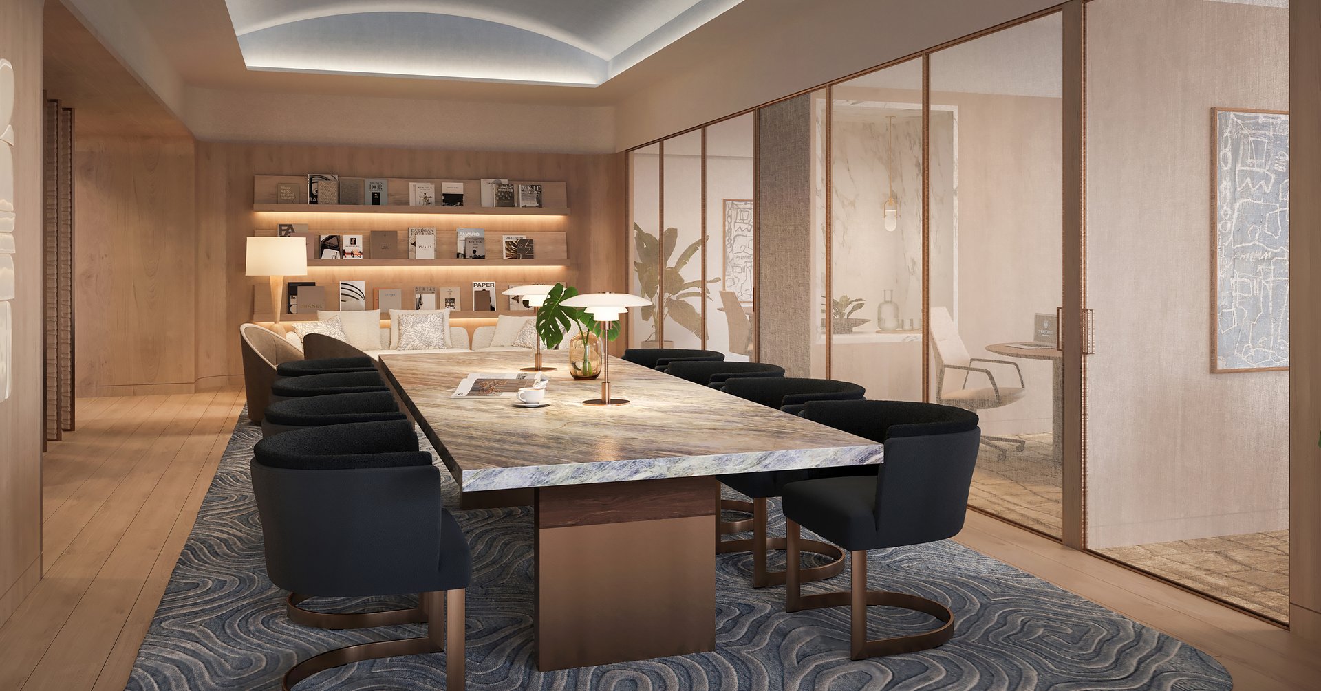 Modern coworking lounges and executive meeting spaces cater to diverse workstyles, offering a balanced environment for professional tasks.