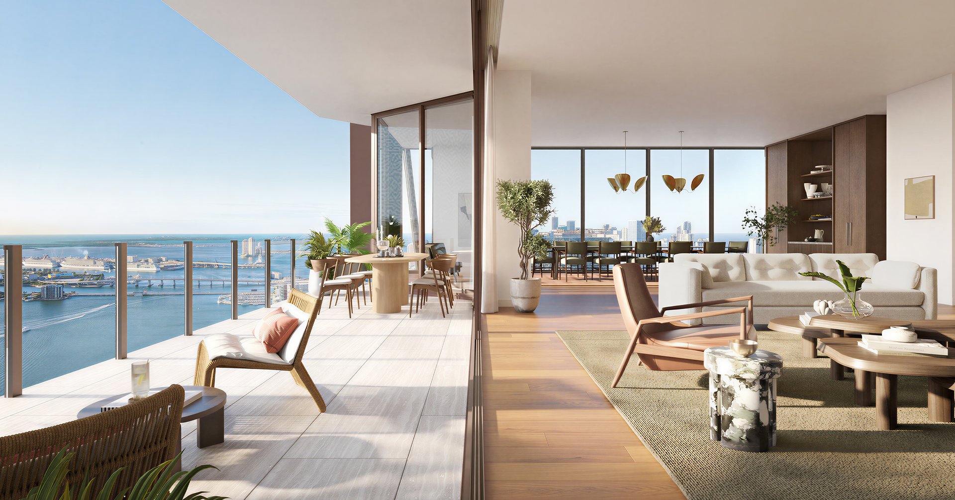 At Villa Miami, the residential collection is conceived with the privacy, scale, and service cadence of waterfront villas rather than conventional tower living. Private elevator arrival, generous outdoor rooms, separate staff quarters, and plans calibrated for formal entertaining and daily life establish a distinctly residential rhythm. Villa Triplo carries that language to its fullest expression across 15,057 square feet and three private levels.