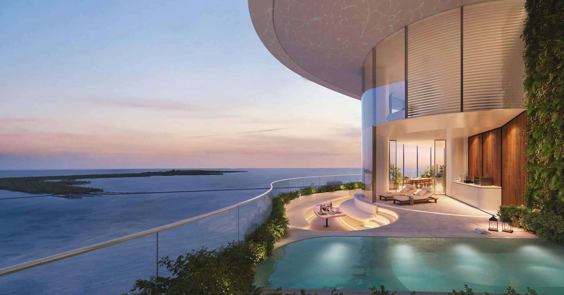 An elevated resort-style pool deck with private cabanas, lounges, and landscaped retreats creates a sanctuary in the sky. Day to night, the terrace frames sweeping water and city views for relaxation, gatherings, and sunset moments.