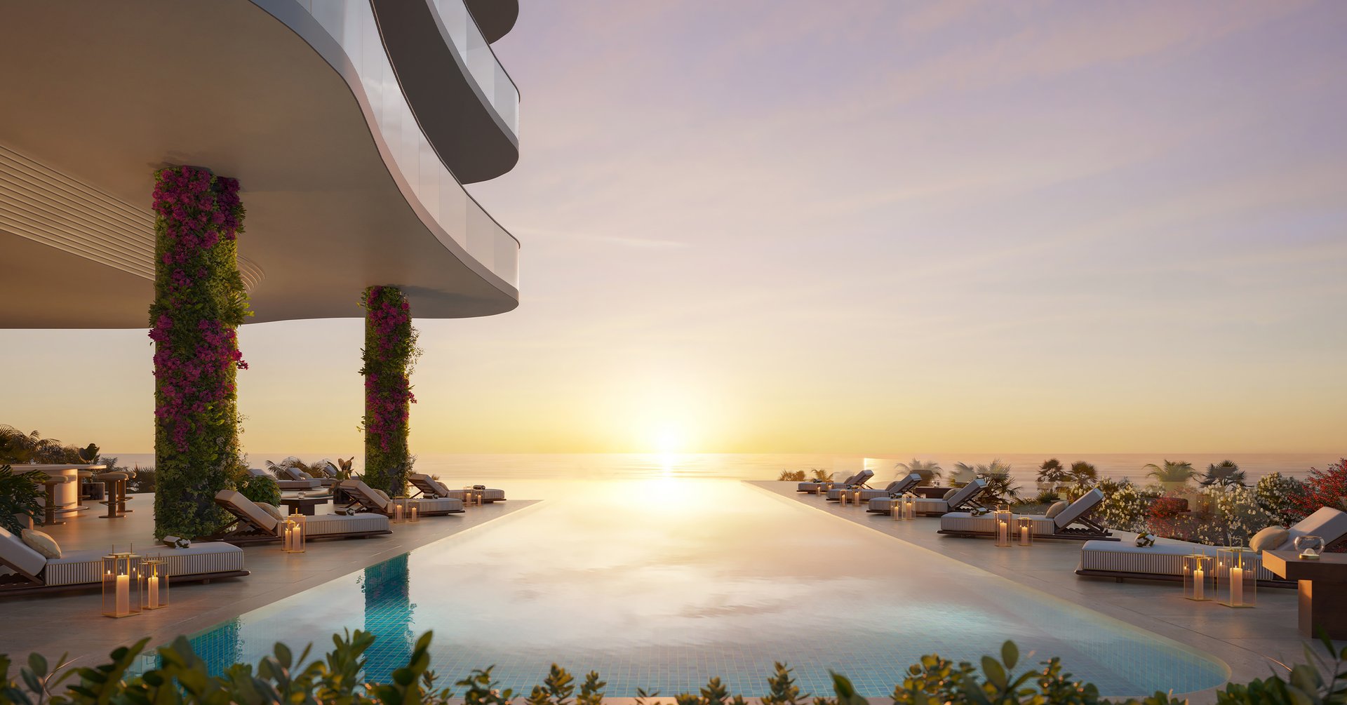 An expansive pool deck with a 75-foot sunrise pool, a sunset hotel pool, a cold plunge pool, a hot tub, and private cabanas for a complete relaxing experience.