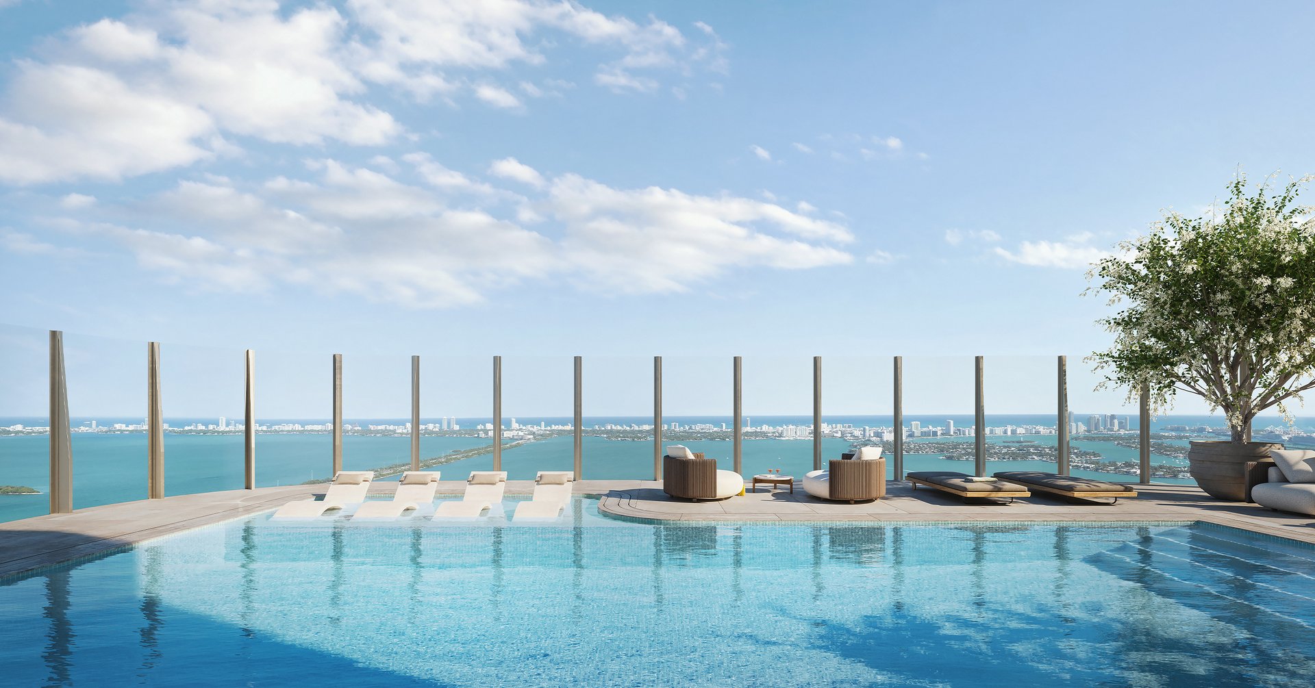 The rooftop brings social life to the sky with a 40-foot saltwater pool, bay sundeck, club lounge, private dining room, pool lounge, sunset garden, and hot tub. It is planned for sunrise rituals, open-air gatherings, culinary experiences, and year-round community programming.