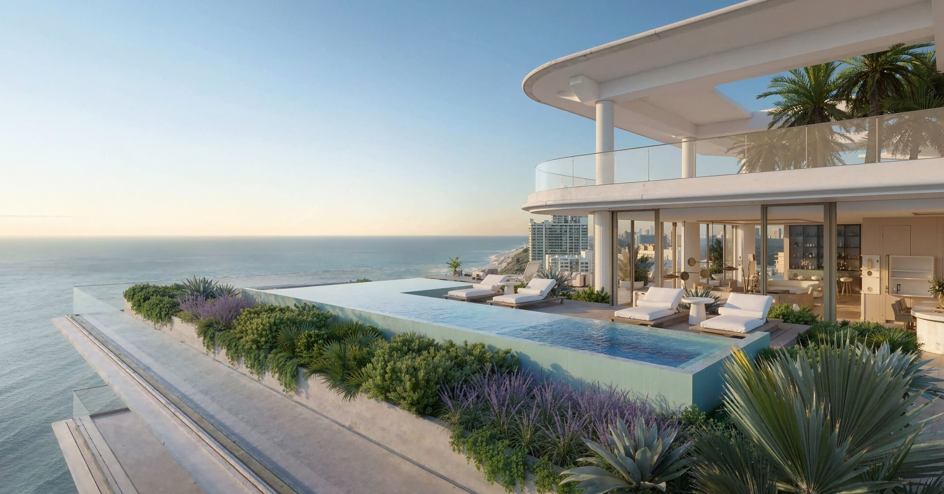 The Upper Penthouse carries a private outdoor world of sunrise and sunset terraces, pool, pool bath, summer kitchen, and open-air salons for ceremony and retreat. Beyond the private threshold, residential butler, lifestyle concierge, valet, house car, on-site management, in-residence dining, beach service, spa treatment rooms, wellness training, guest suites, salon, screening room, and a resident-only oceanfront restaurant support the cadence of a private club without public exposure.