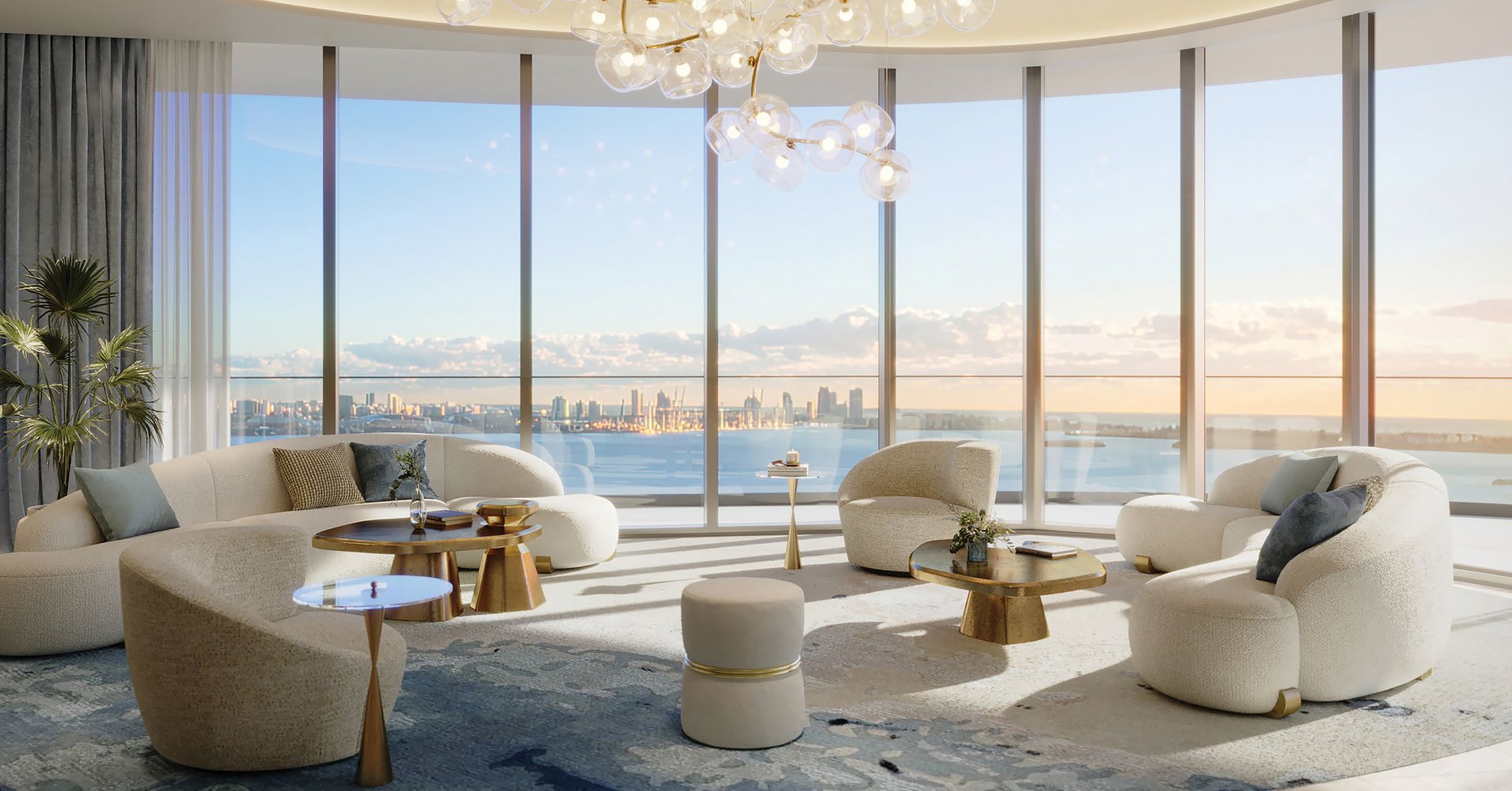 Occupying the summit of The St. Regis Residences, Miami, Upper Penthouse spans roughly 10,000 interior square feet across three private levels above South Brickell’s bayfront edge. Robert A.M. Stern Architects and Rockwell Group shape the residence with the composed scale of a waterfront estate. From this elevation, Biscayne Bay, the Atlantic horizon, and the Miami skyline unfold in a continuous register.