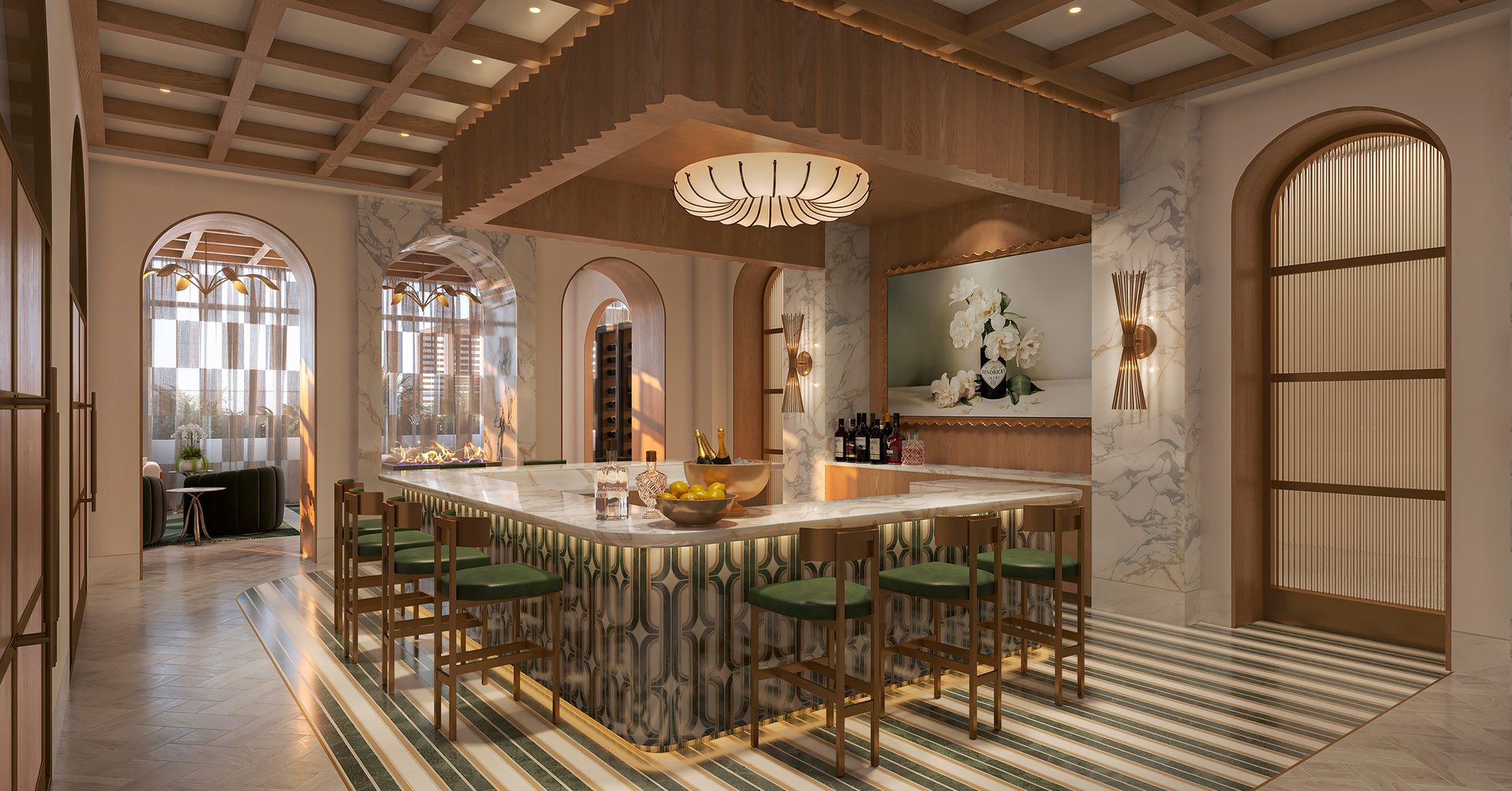 A residents’ social salon anchors the lobby level with a cocktail bar, fireplace seating, and indoor-outdoor flow to the pool deck. The Green Room private dining space with catering kitchen elevates entertaining with understated Palm Beach glamour.